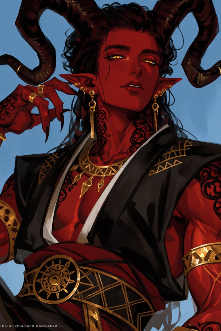 The image depicts a stylized,  fantasy-themed character with a deep red skin tone. The character has prominent,  curved ho...