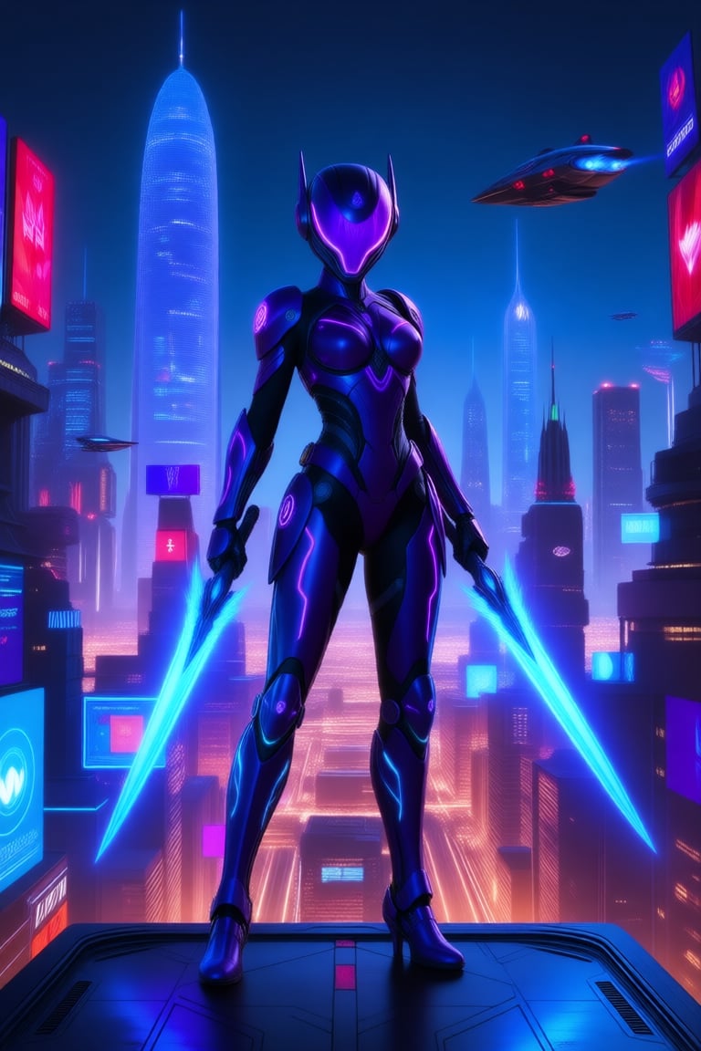 a futuristic female warrior standing on a glowing platform in a neon-lit city at night. She wears sleek cybernetic armor w...