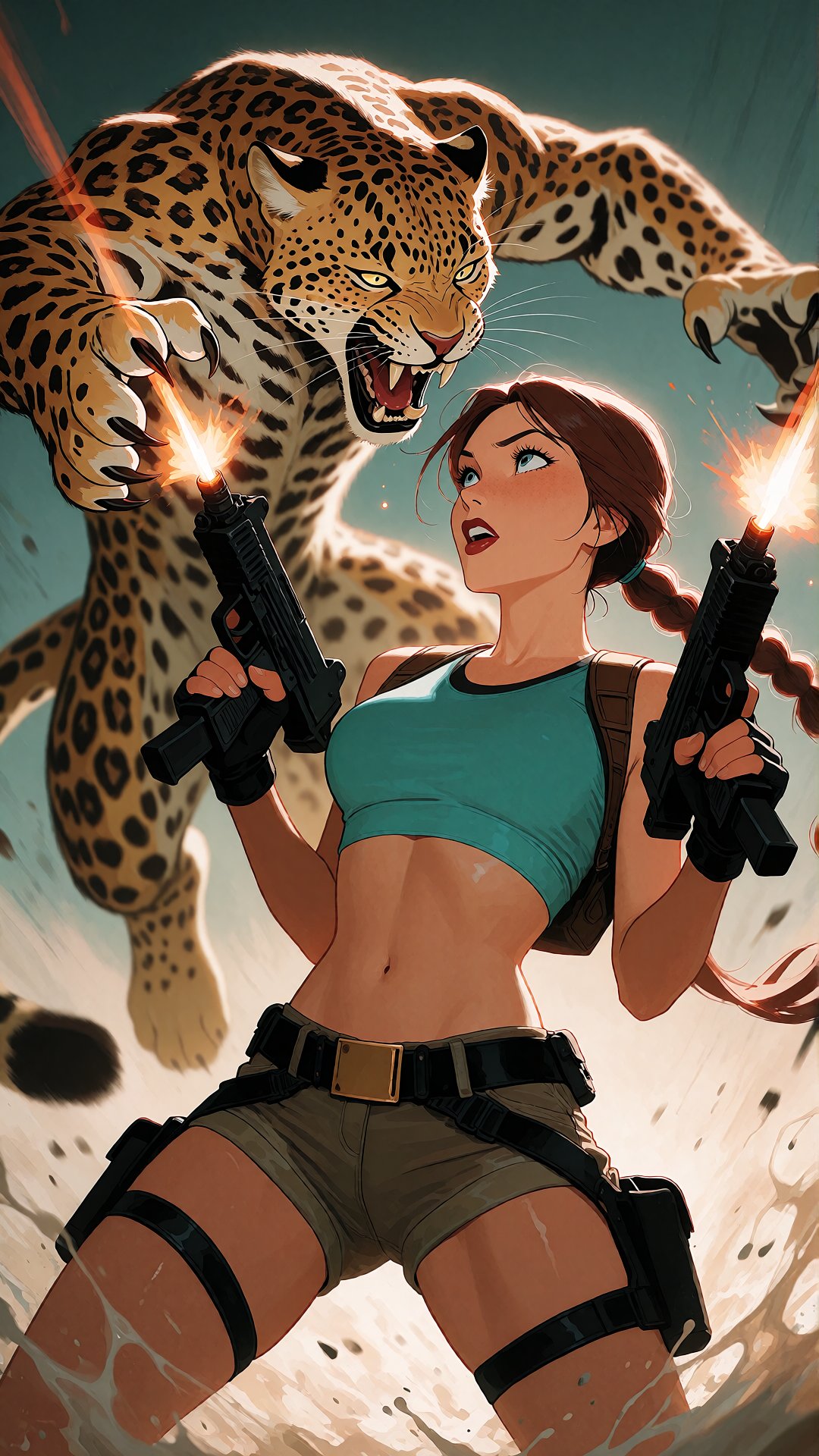 Anime pinup Lara Croft with an Uzi in each hand shooting at a leopard that is jumping towards her with sharp teeth and cla...