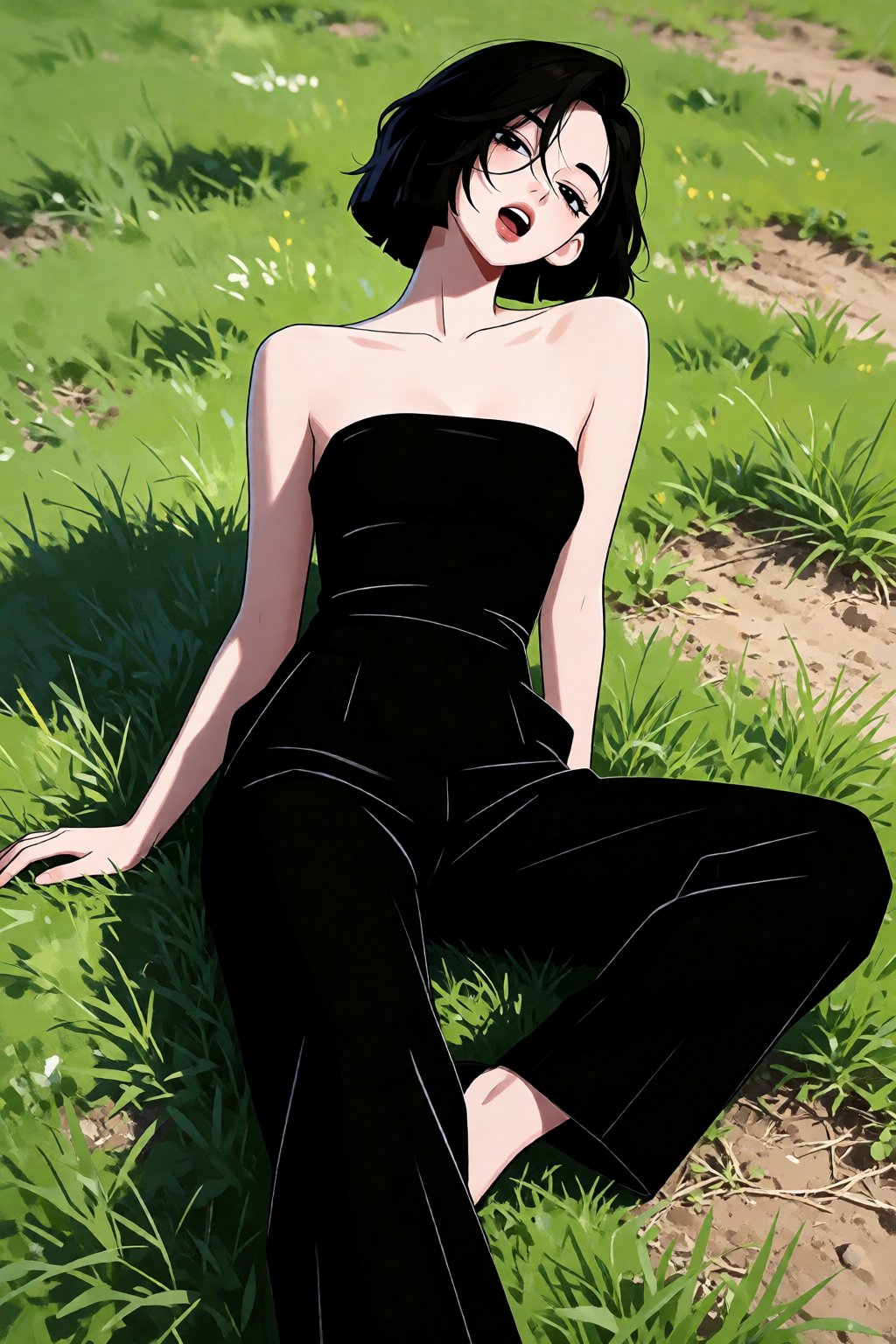 A woman with short wavy black hair rests on a patch of green grass in a vibrant anime art style. She wears a form-fitting...