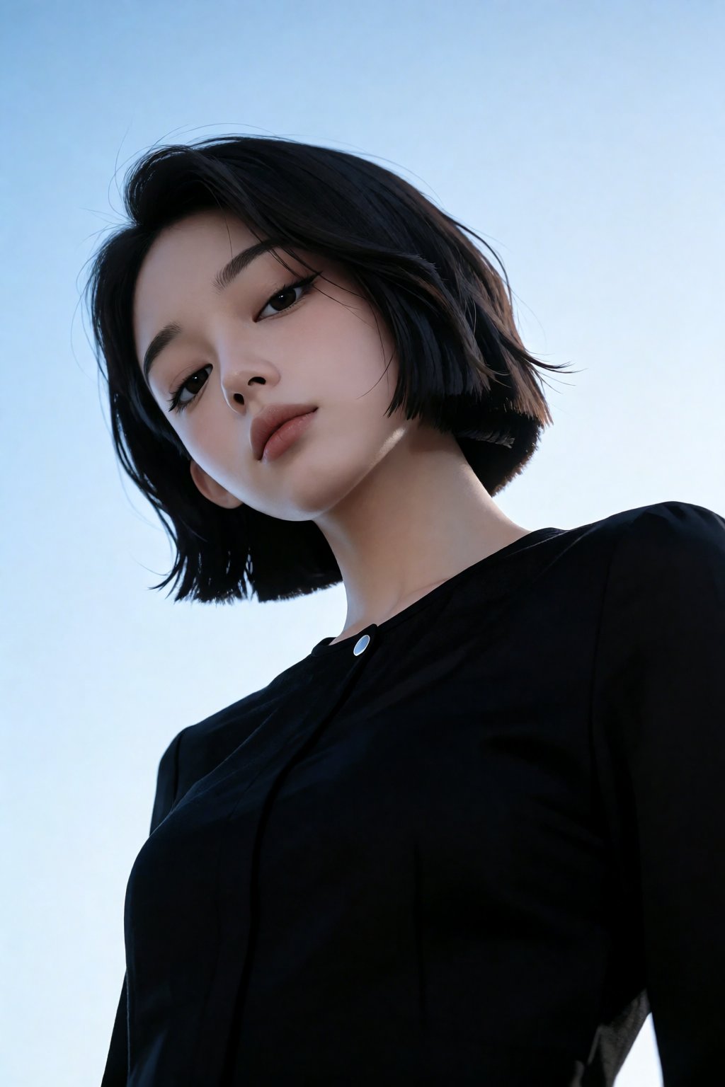 一位年轻女子留着齐下巴深色短波波头,  采用低角度仰拍视角,  将她的脸庞与肩膀衬在澄澈浅淡的蓝天背景下 by 剑舞轻风 on Tensor.Art