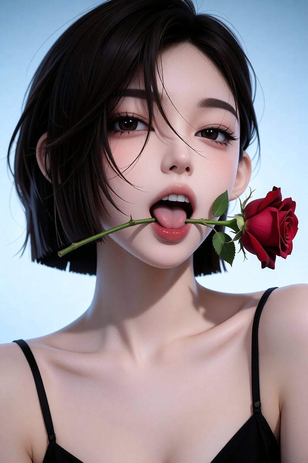 一年轻的女子特写,  嘴里含着一朵红玫瑰,  短发 by 剑舞轻风 on Tensor.Art