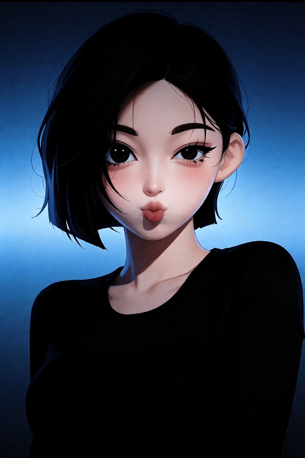 一位年轻女子,  齐下巴深色短发勾勒出脸部轮廓。她有着一双大大的深色杏仁眼,  画着清晰的黑色眼线 by 剑舞轻风 on Tensor.Art