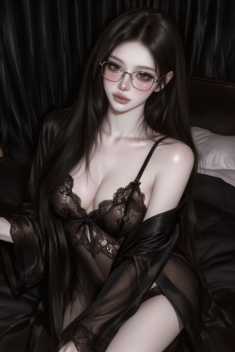 Close-up shot of a fair-skinned woman,  adorned with a black lace long lingerie set with robe. She is wearing a pair of ri...