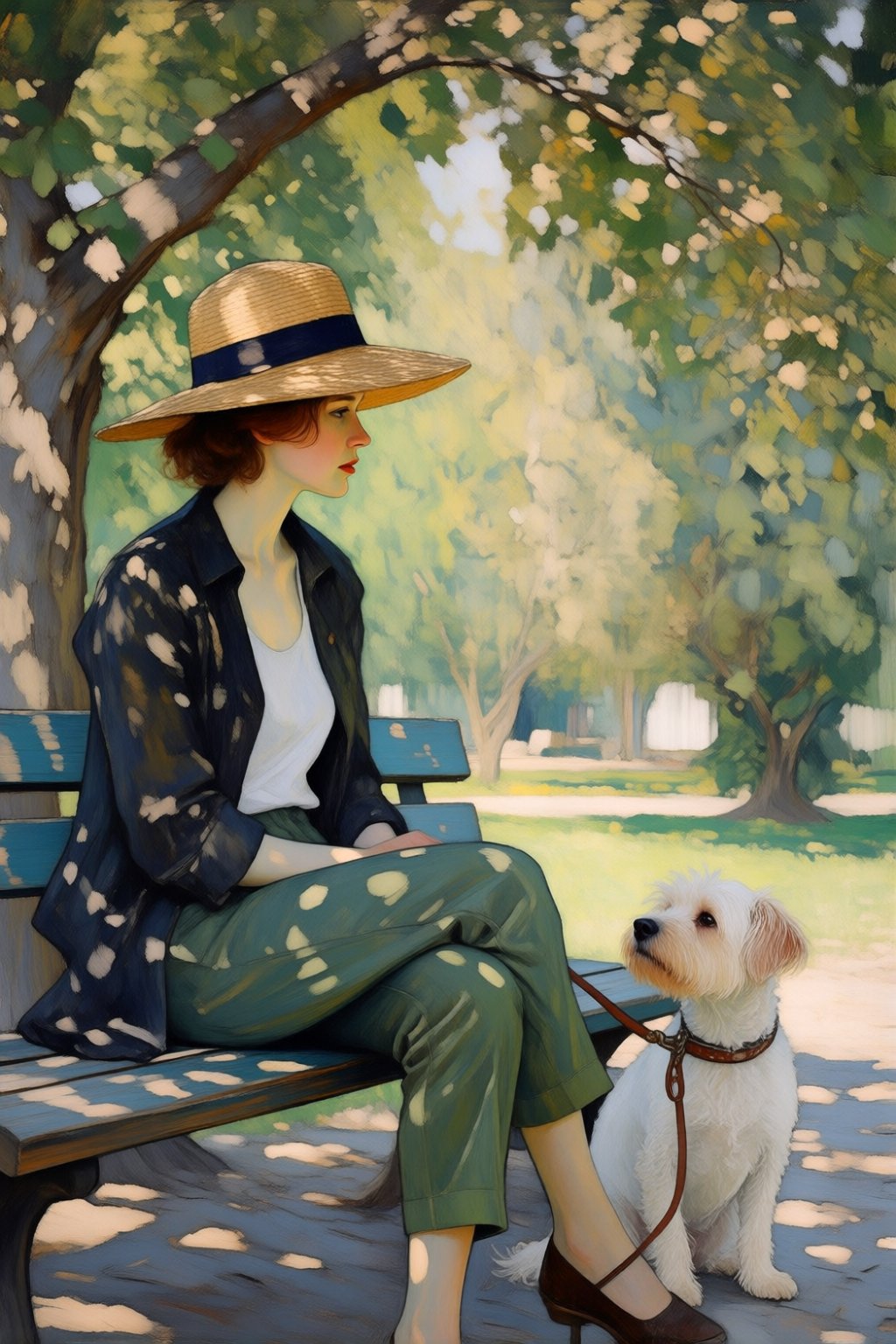 kydigitalillustration5k2e6. On the left is a woman sitting quietly on a weathered teal park bench under the dappled shade...