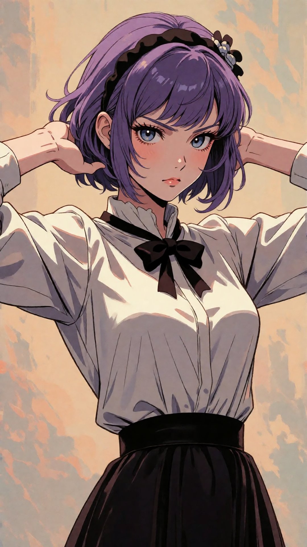 A digital illustration shoot from a portrait angle about a character with short purple hair and a serious expression,  pos...
