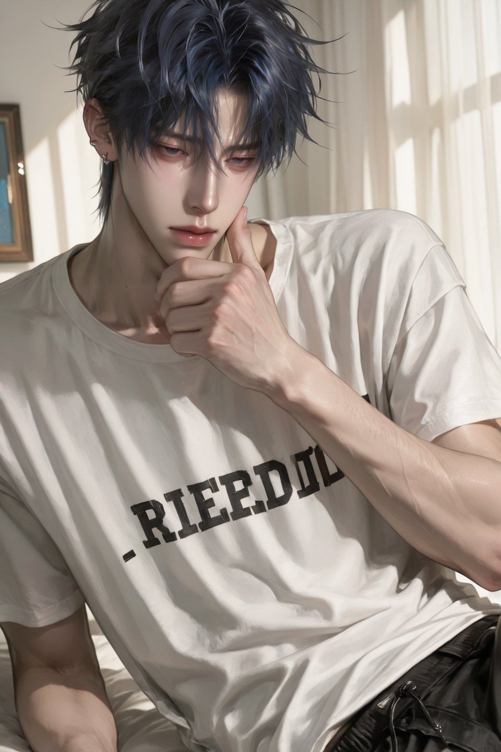 ((1 boy solo)),  pale skin,  ((Dark blue eyes)) by オキヤ੯·̀͡⬮ on Tensor.Art