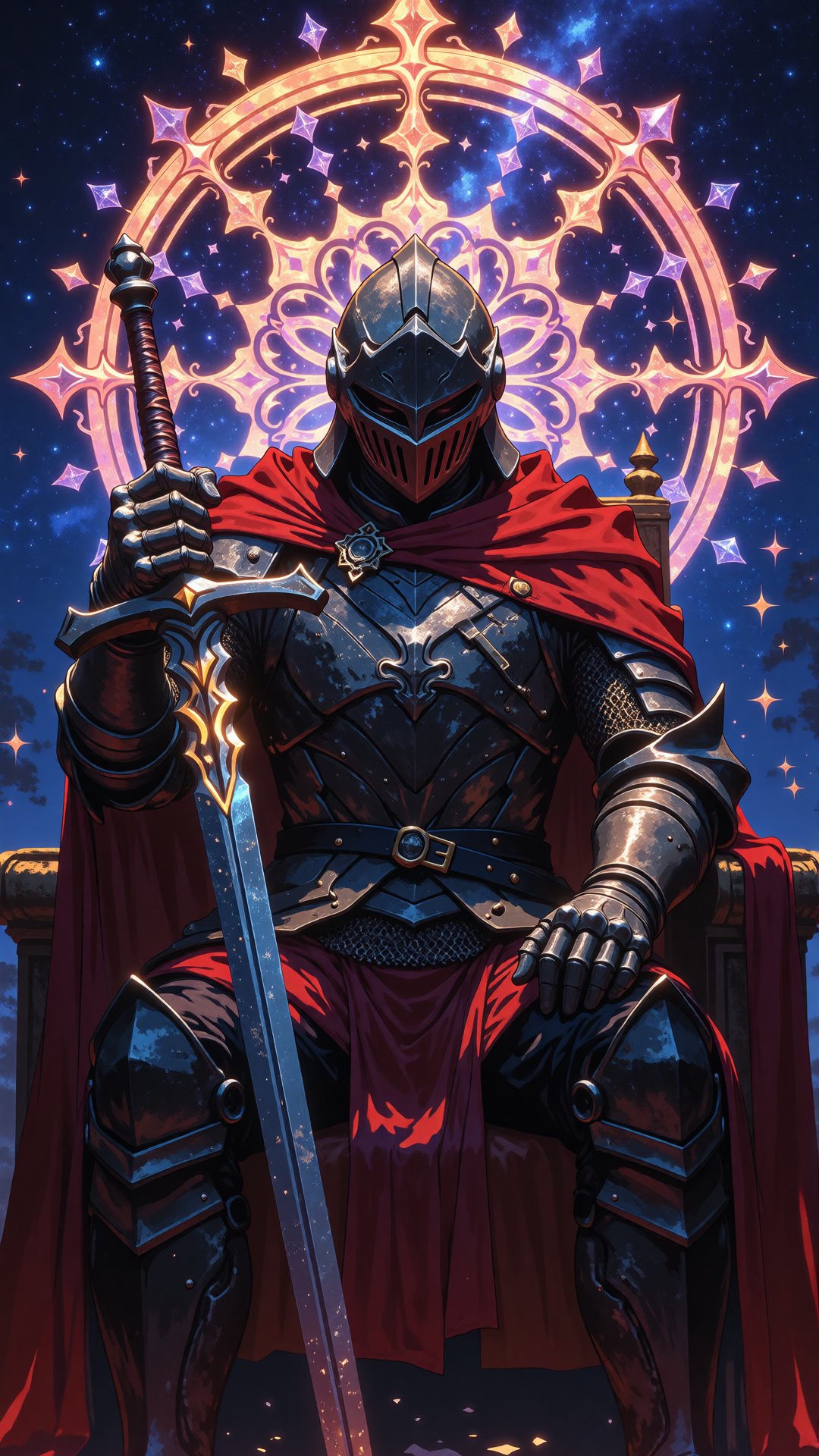 A digital illustration shoot from the front about a knight in full armor sitting on a throne,  holding a sword,  with a gl...