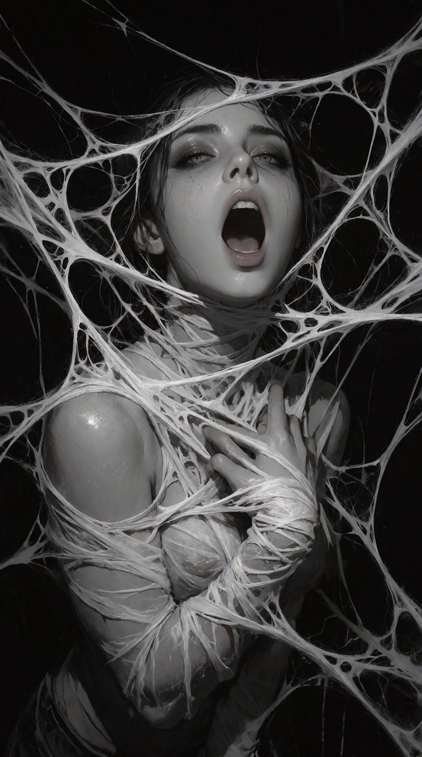 A dark,  moody digital painting in a high-contrast semi-realistic painterly style. A young woman is trapped,  completely t...