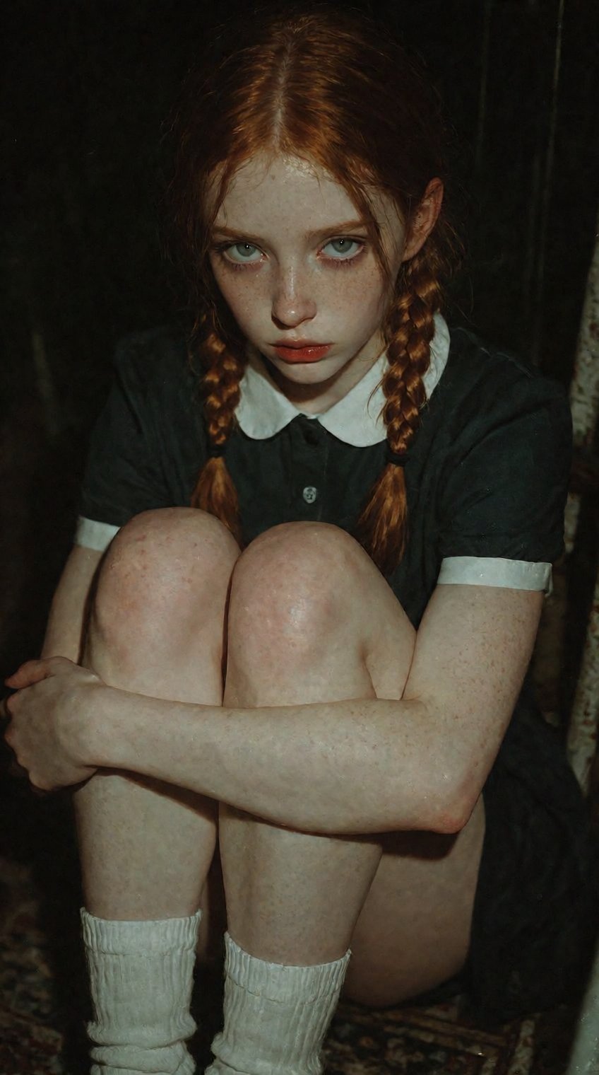 A moody,  low-key portrait of a girl with red hair tied in twin braids,  sitting in the dark hugging her knees. She wears...