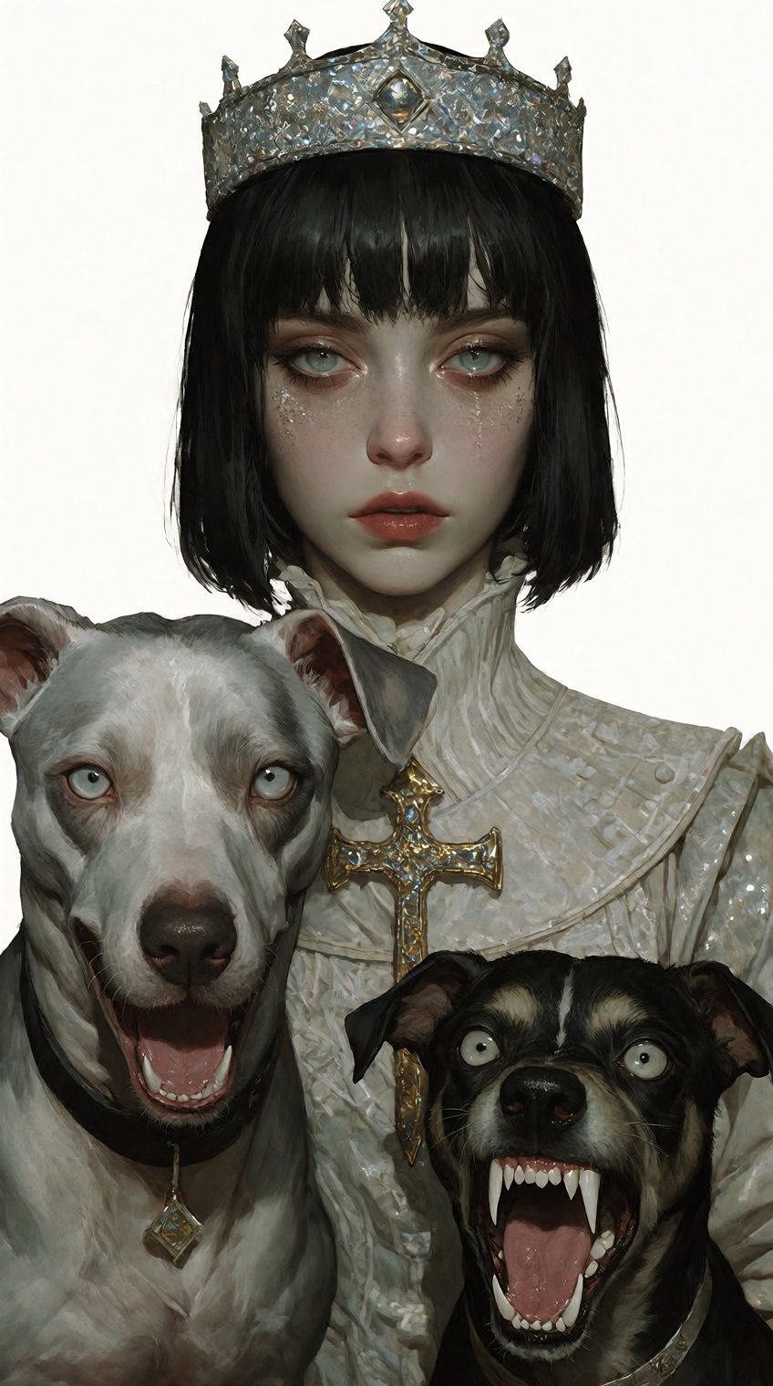 A striking digital painting with a solid white background,  featuring a young queen and two frenzied dogs. The queen has s...