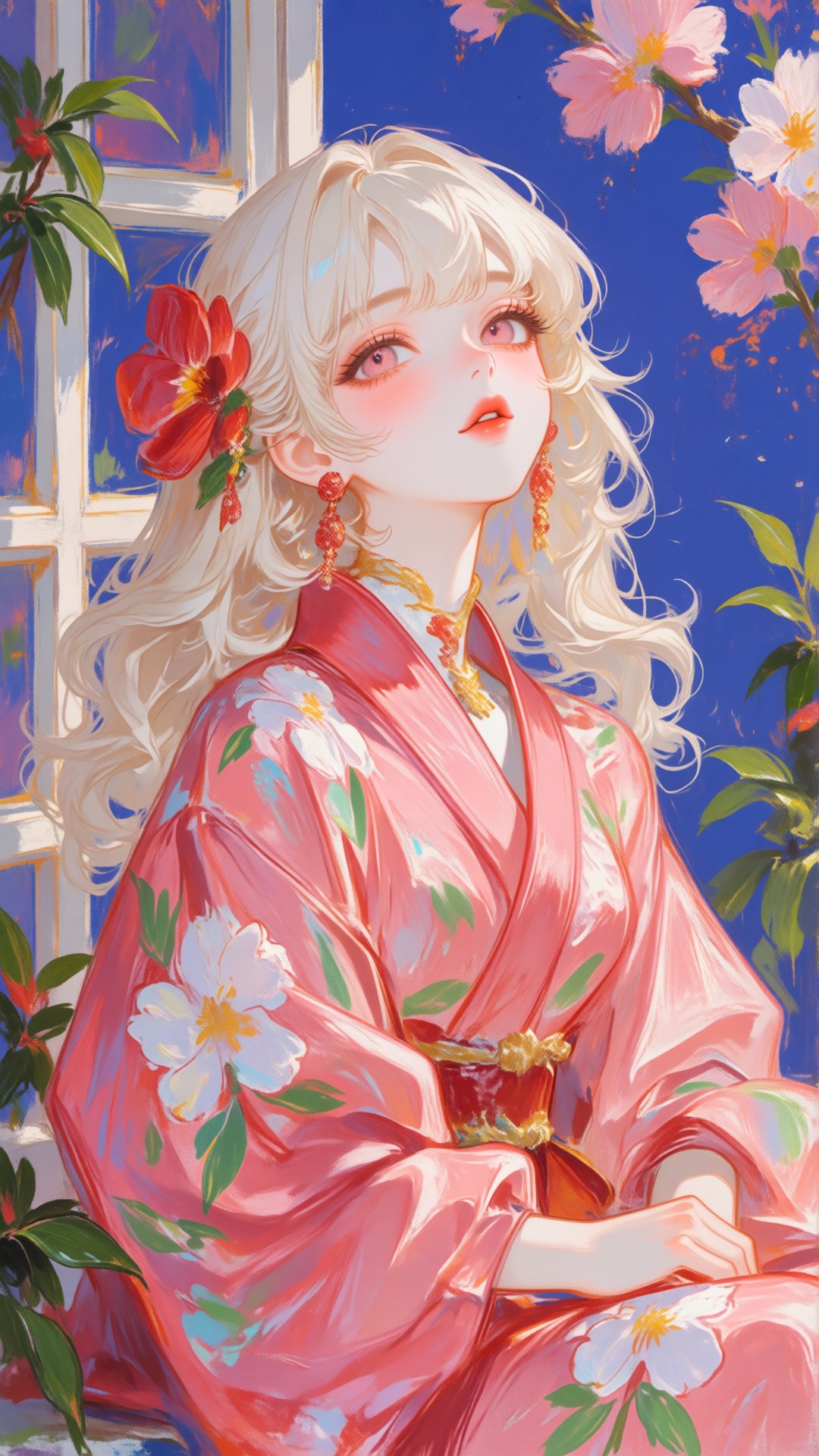 This is a digital painting in a soft,  pastel anime style. It features a young woman with long,  wavy blonde hair adorned...