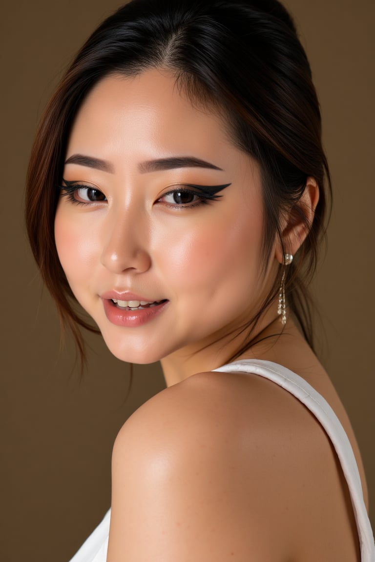 Ultra realistic seamless triptych portrait composition featuring the same woman displayed in three continuous angles acros...