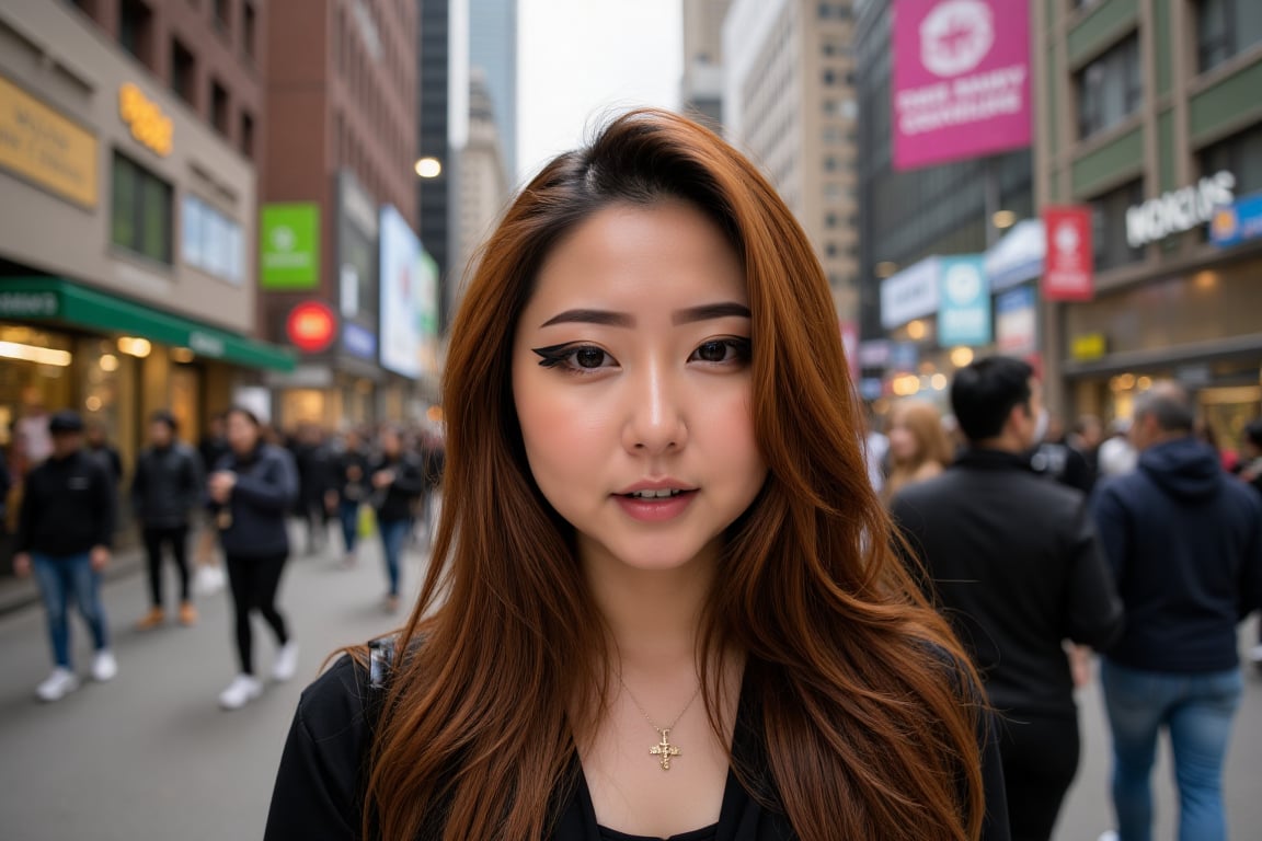 Prompt: A stylish young woman standing on a busy city street,  shot on a 16mm ultra-wide lens for a close perspective envi...