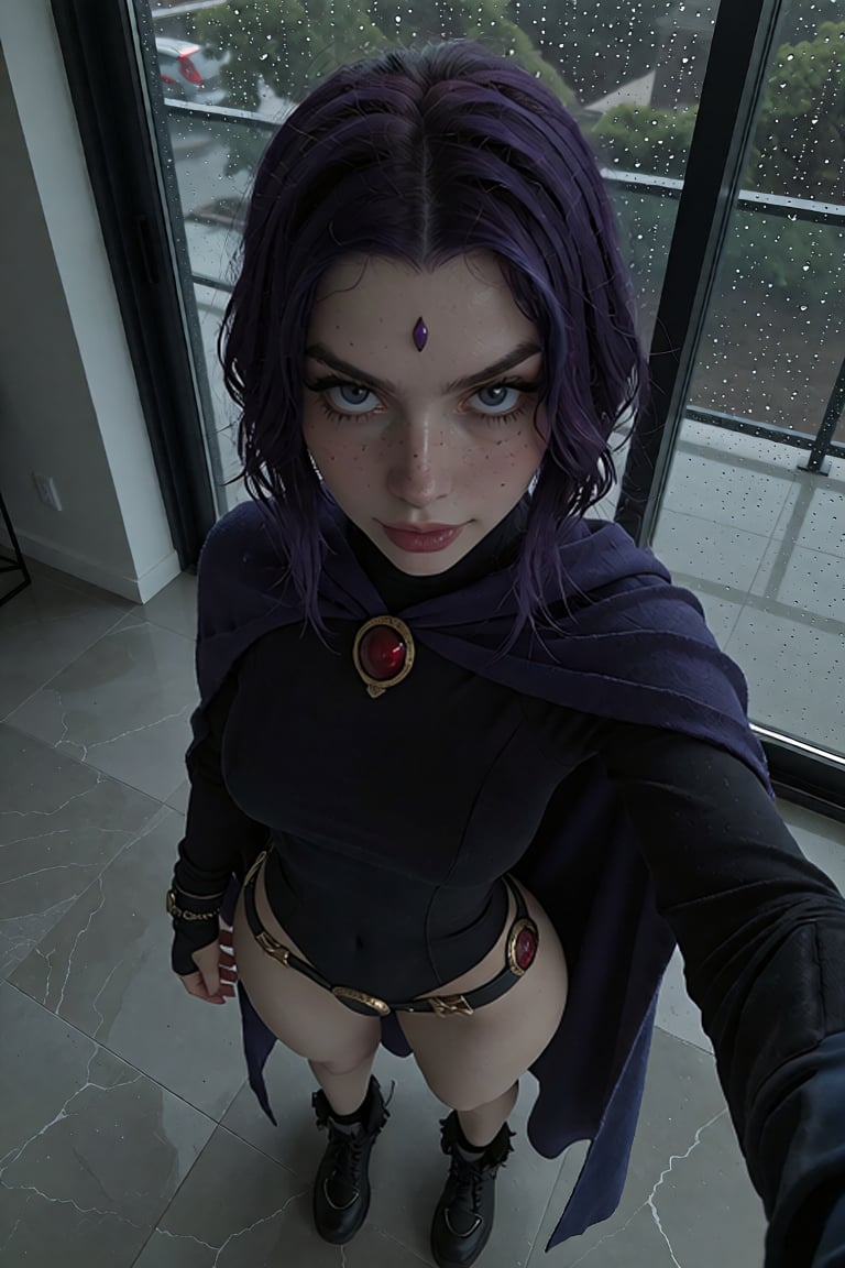 A real picture of teenage Raven from Teen Titans with exaggerated features standing posing provocatively looking evil Her...