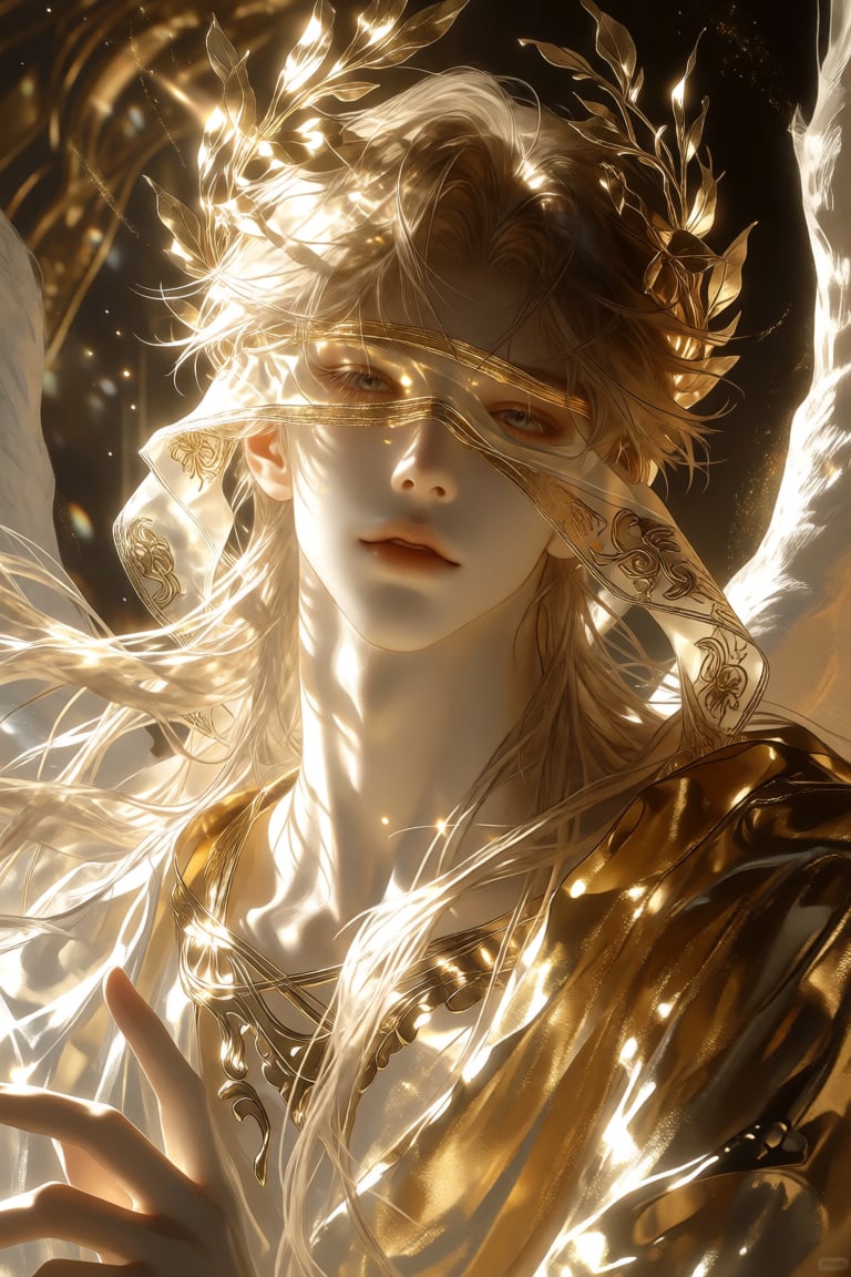 ethereal male figure,  radiant golden light,  blindfolded with ornate golden cloth by 小纸条 on Tensor.Art