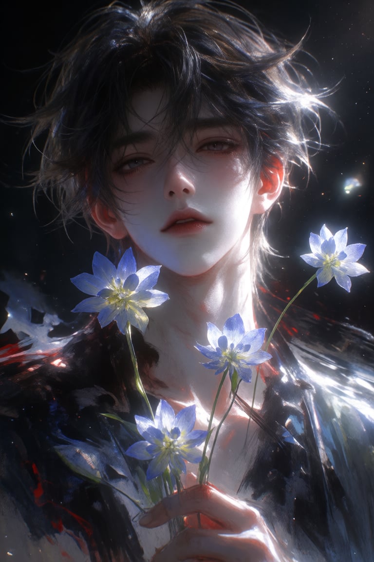 一个勿忘我花的真人亚洲韩系美少年 淡彩,  低饱和,  暗调 by 小纸条 on Tensor.Art
