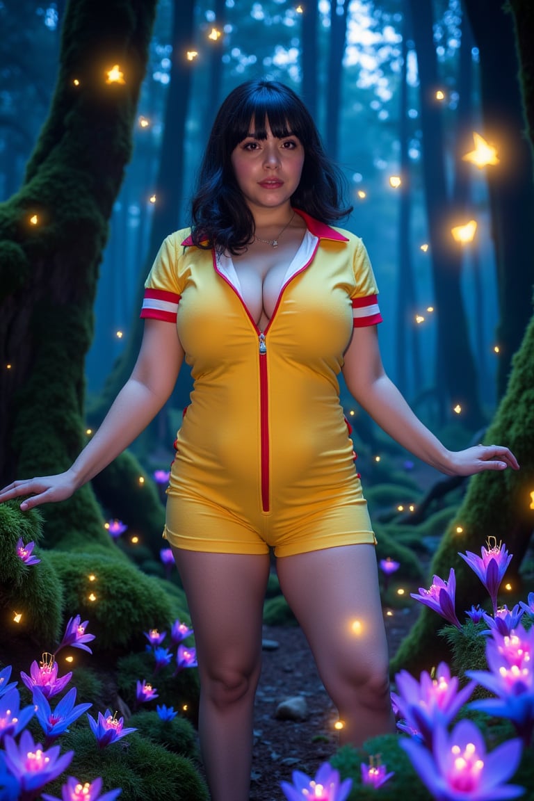 A young woman with shoulder-length dark hair stands centrally in a lush,  enchanted forest,  wearing a form-fitting by Fra...