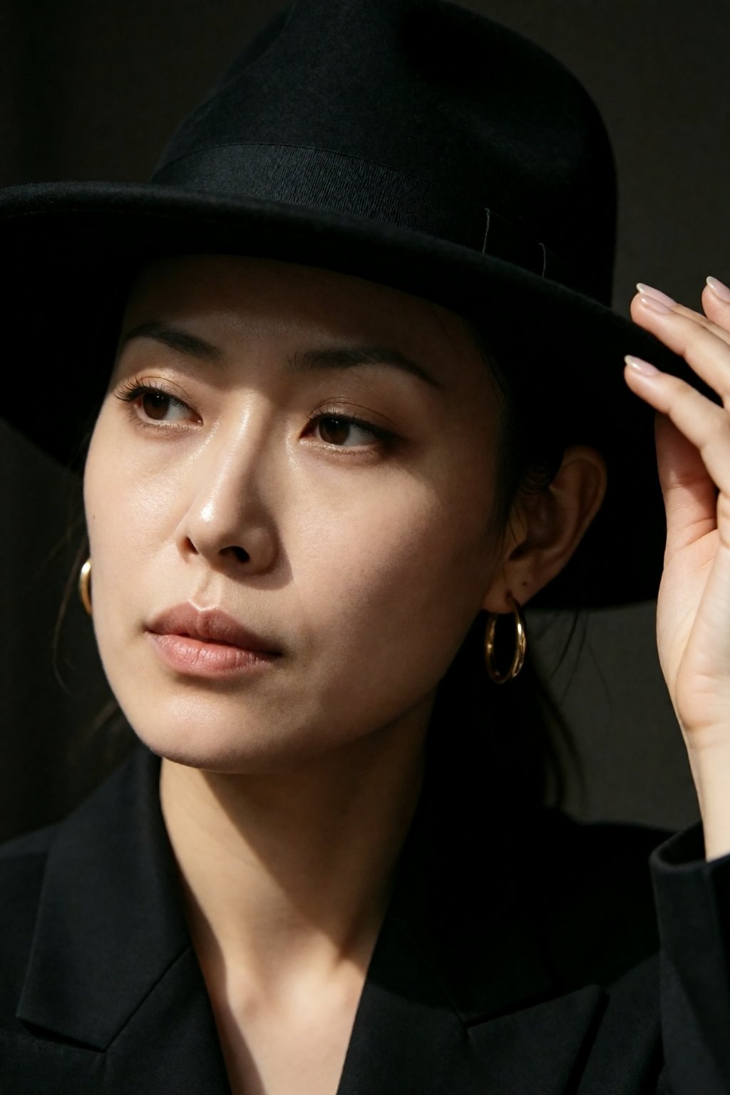 中国女孩小美,  A close-up portrait of a woman with distinct,  elegant features wearing a wide-brimmed black fedora that casts a...