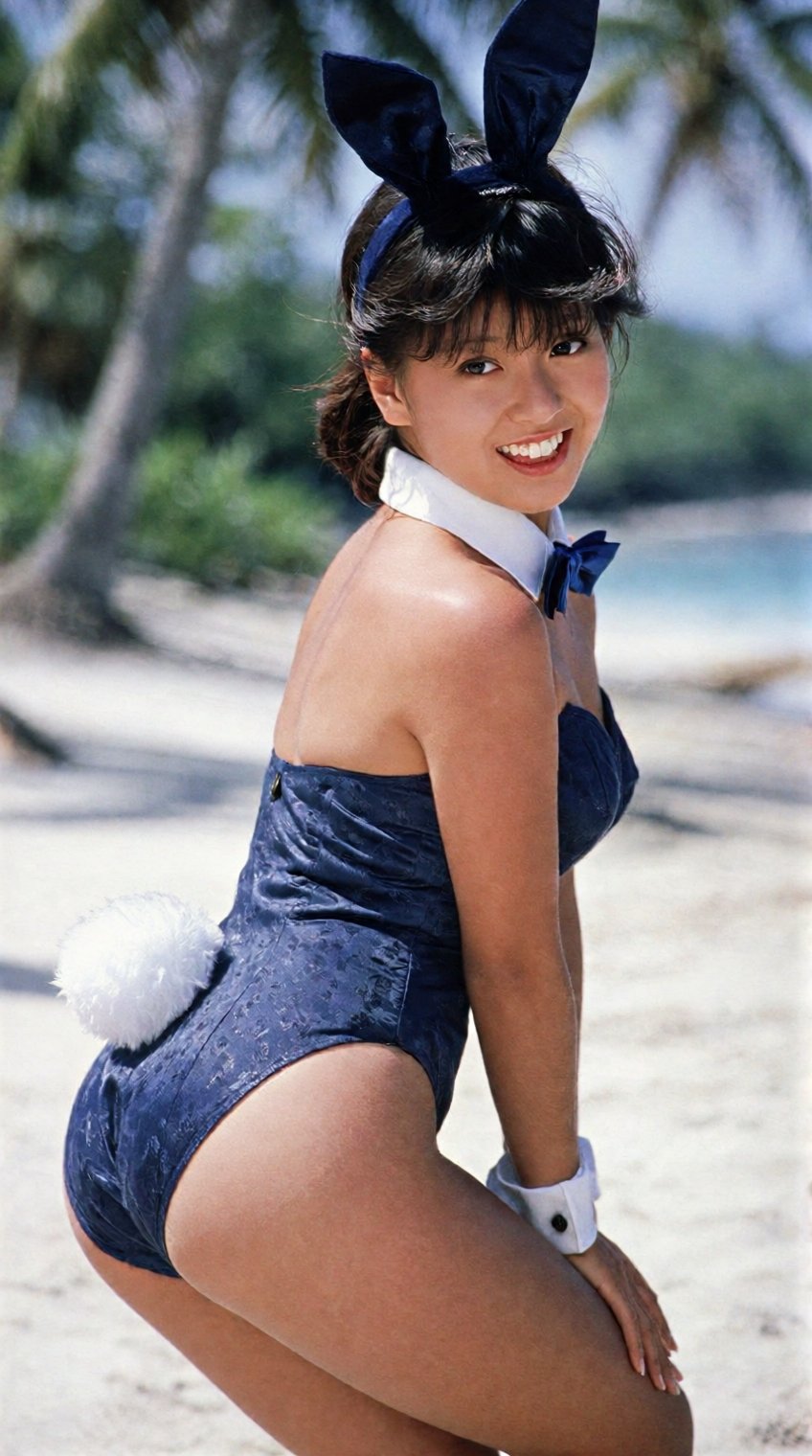 A vibrant medium shot capturing a young Asian woman in a playful pose on a sun-drenched tropical beach. She is dressed in...
