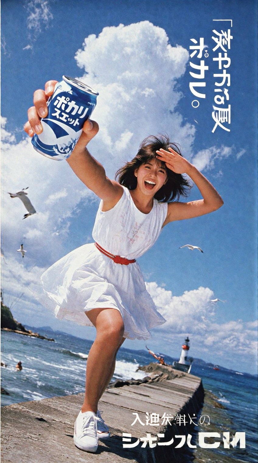 A vibrant 1980s Japanese sports drink advertisement. Ultra low-angle wide shot of a beautiful 日本人女性 (Japanese woman) stand...