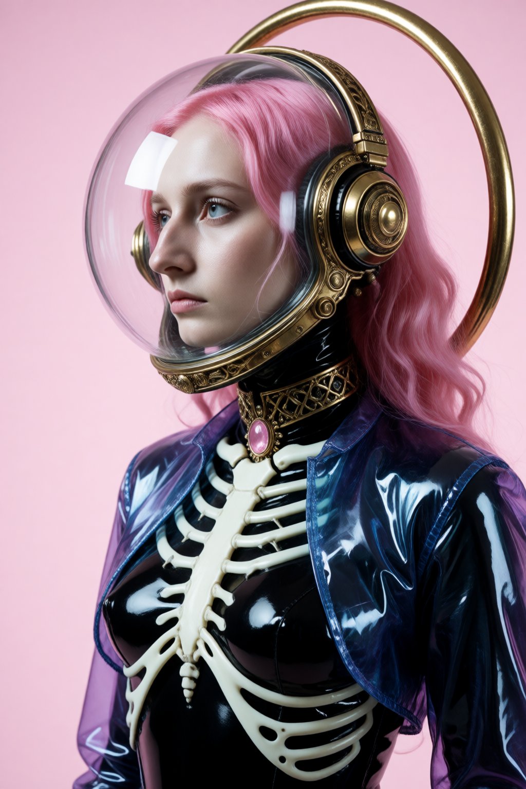 A crisp,  high-gloss studio photograph of a gothic sci-fi female figure in a three-quarter profile against a solid,  clean...