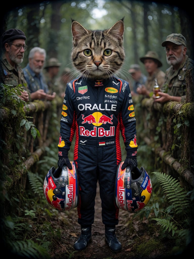 cinematic film still ((BBC Style)) picture of an kitten mobster in (wildlife) ,  dressed as formula 1 race car driver wear...
