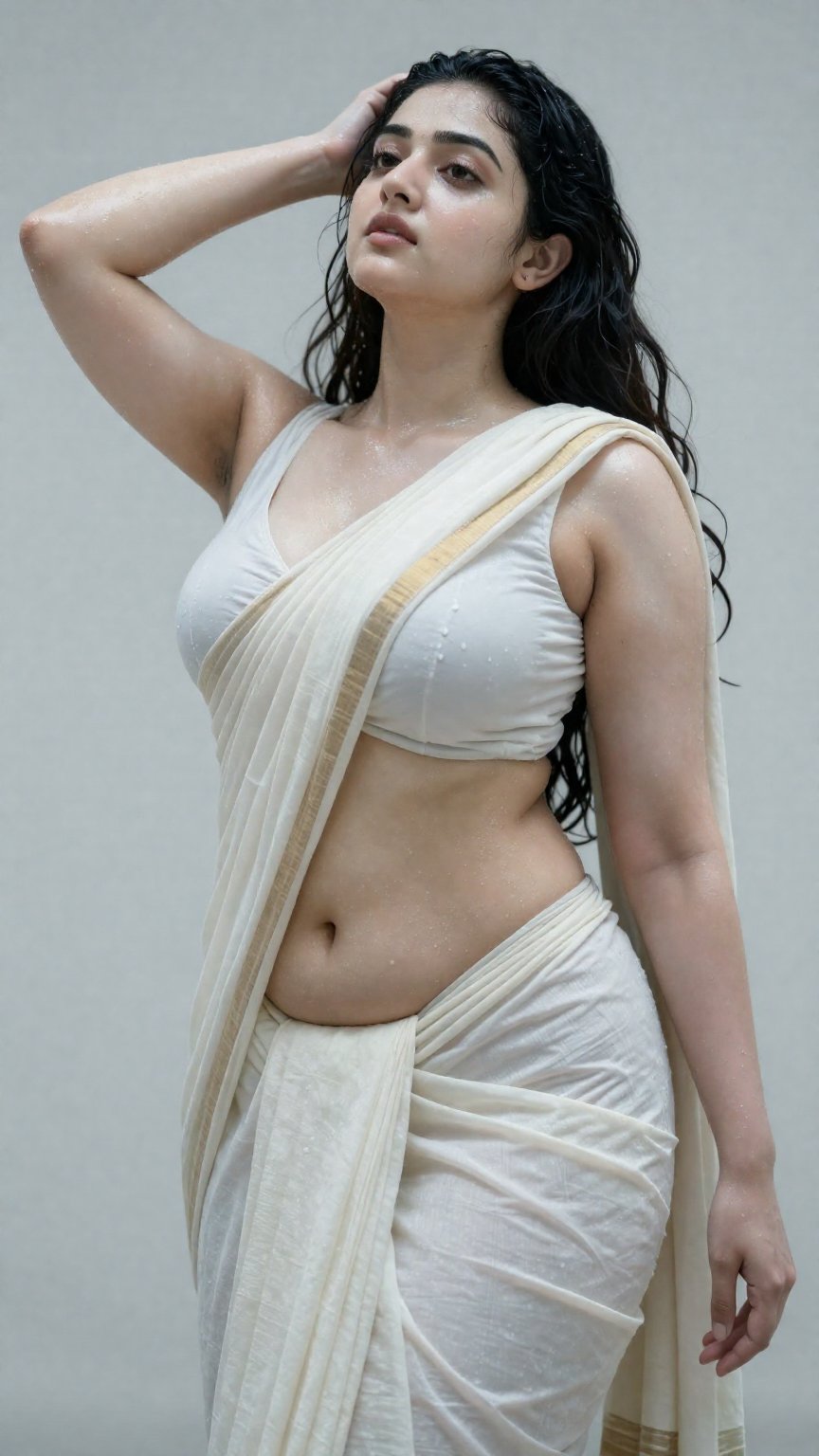 A worm’s-eye low-angle shot captures a young,  slim Mallu woman with extreme wet,  white ivory pale skin by LoRa Factory o...
