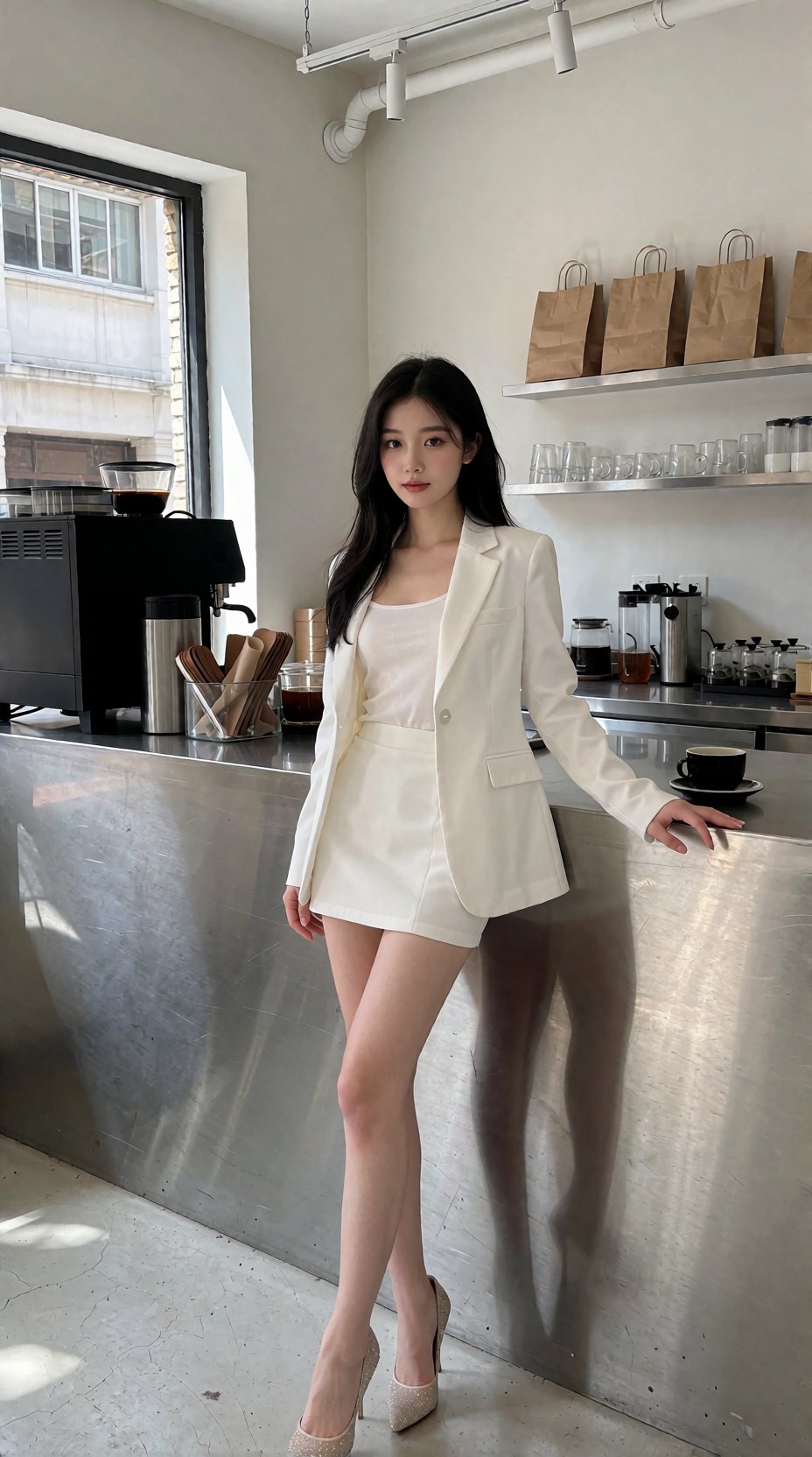 在这家现代简约的咖啡馆里,  一位身材纤细、肤色白皙、一头乌黑直发的女士自信地站在光滑的不锈钢吧台前。她身着一件别致的白色短裙,  衬托出她娇小的身形 by Singuen on Tensor.Art