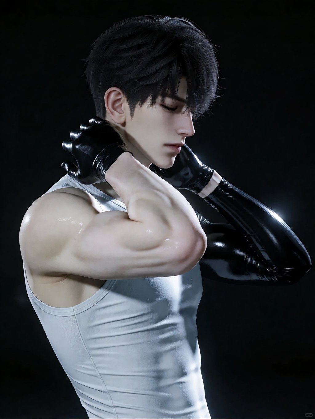 caleb,  A photo-realistic shoot from a profile camera angle about a young man in a sleeveless white tank top adjusting his...