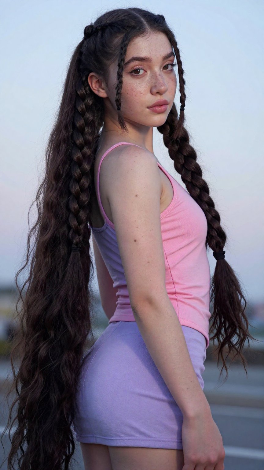 A Low angle shot of a young cute trans women,  very very long hair braided 2 side,  hair long hair floor length hair by Lo...