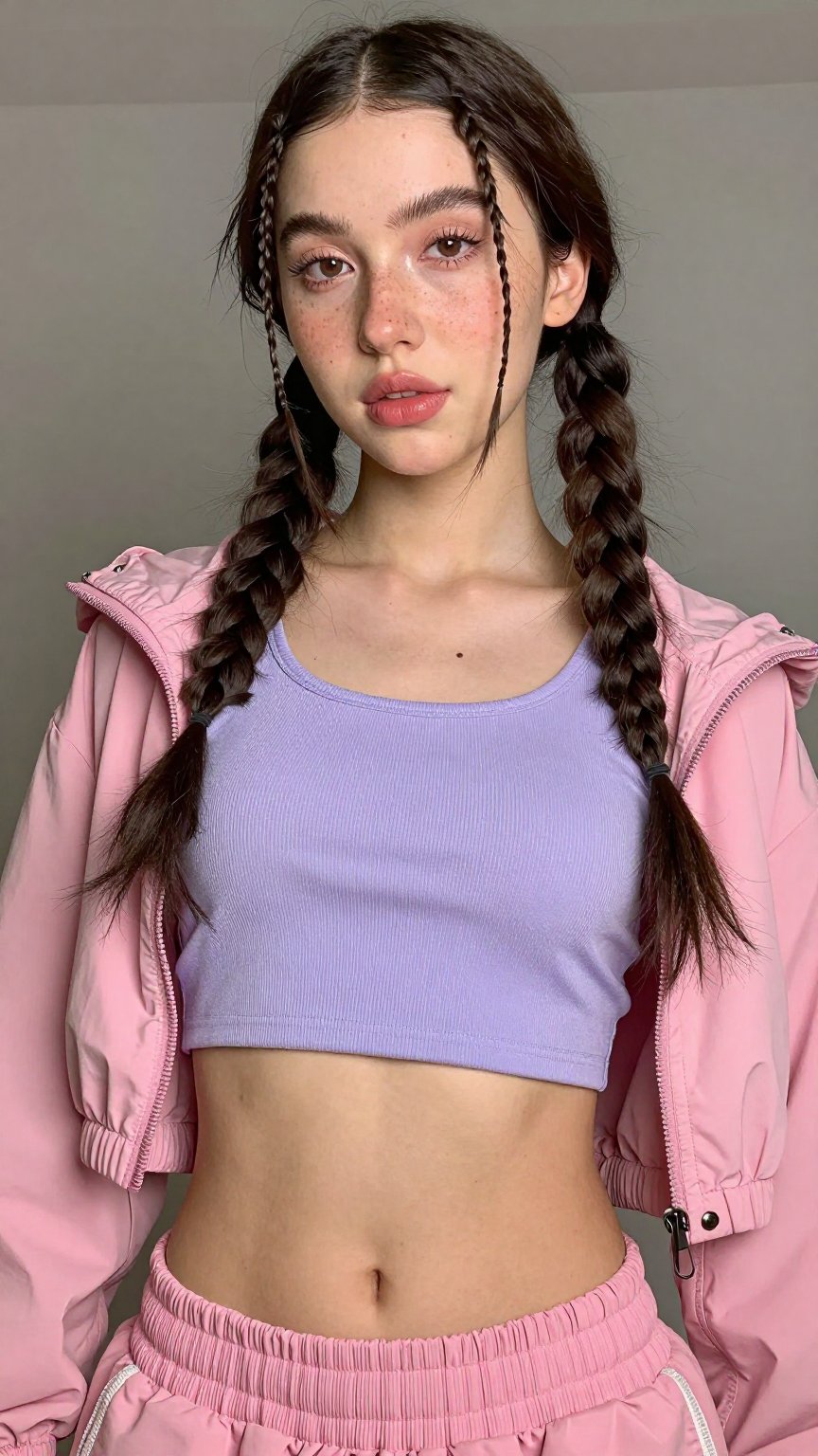 A Low angle shot of a young cute trans women,  very long hair braided 2 side,  freckles by LoRa Factory on Tensor.Art