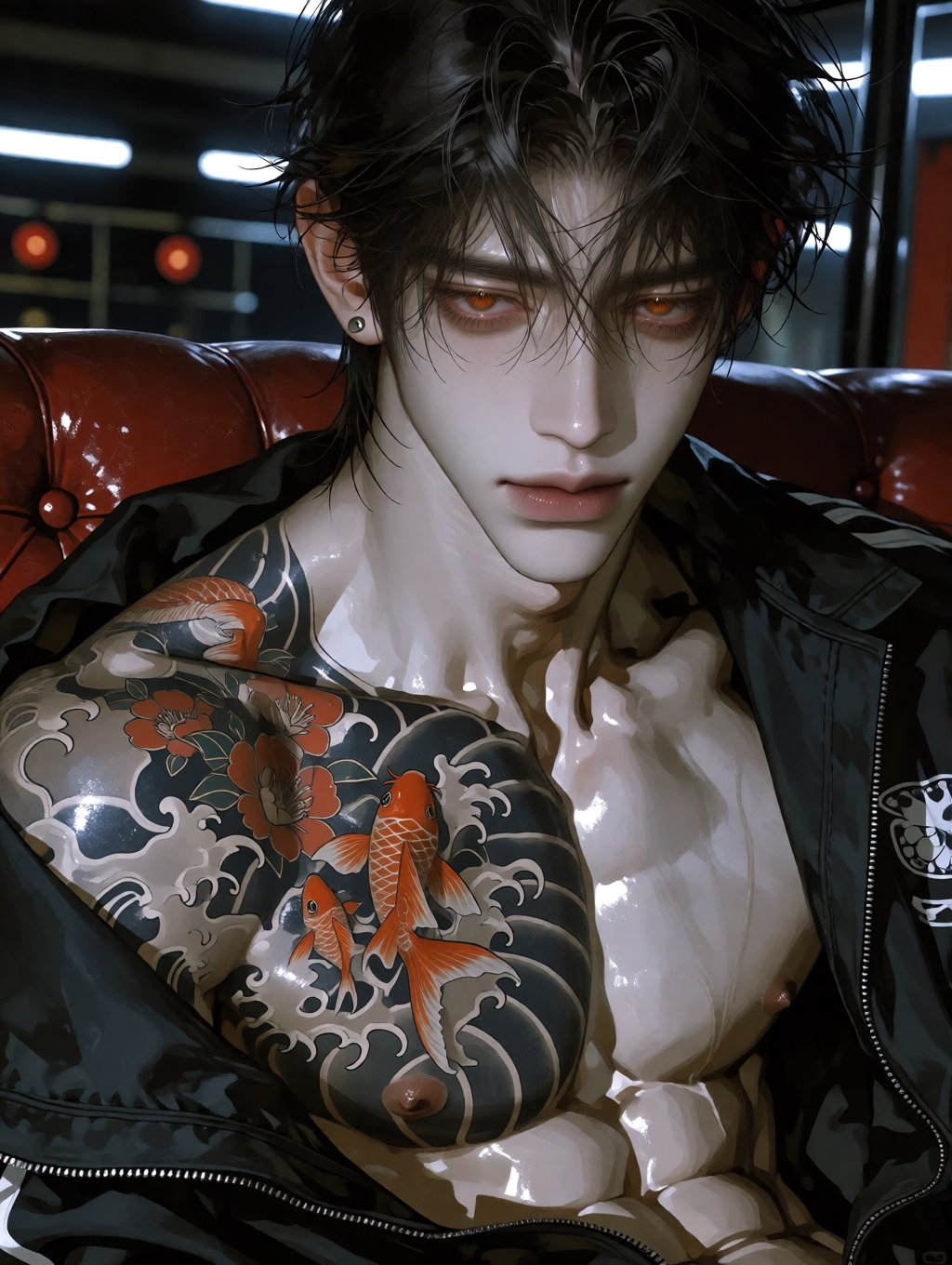 The man has unruly black hair,  pale skin,  and amber or fiery red eyes that stare directly at the viewer. He wears a loos...