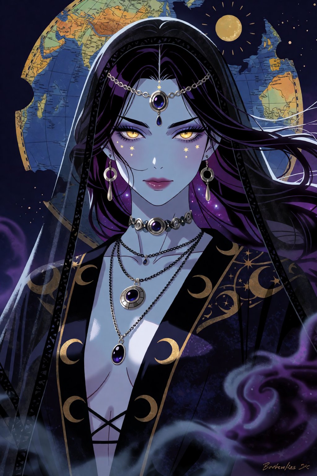 A high-contrast digital portrait features an ethereal character with pale blue skin,  long white lashes,  and flowing dark...
