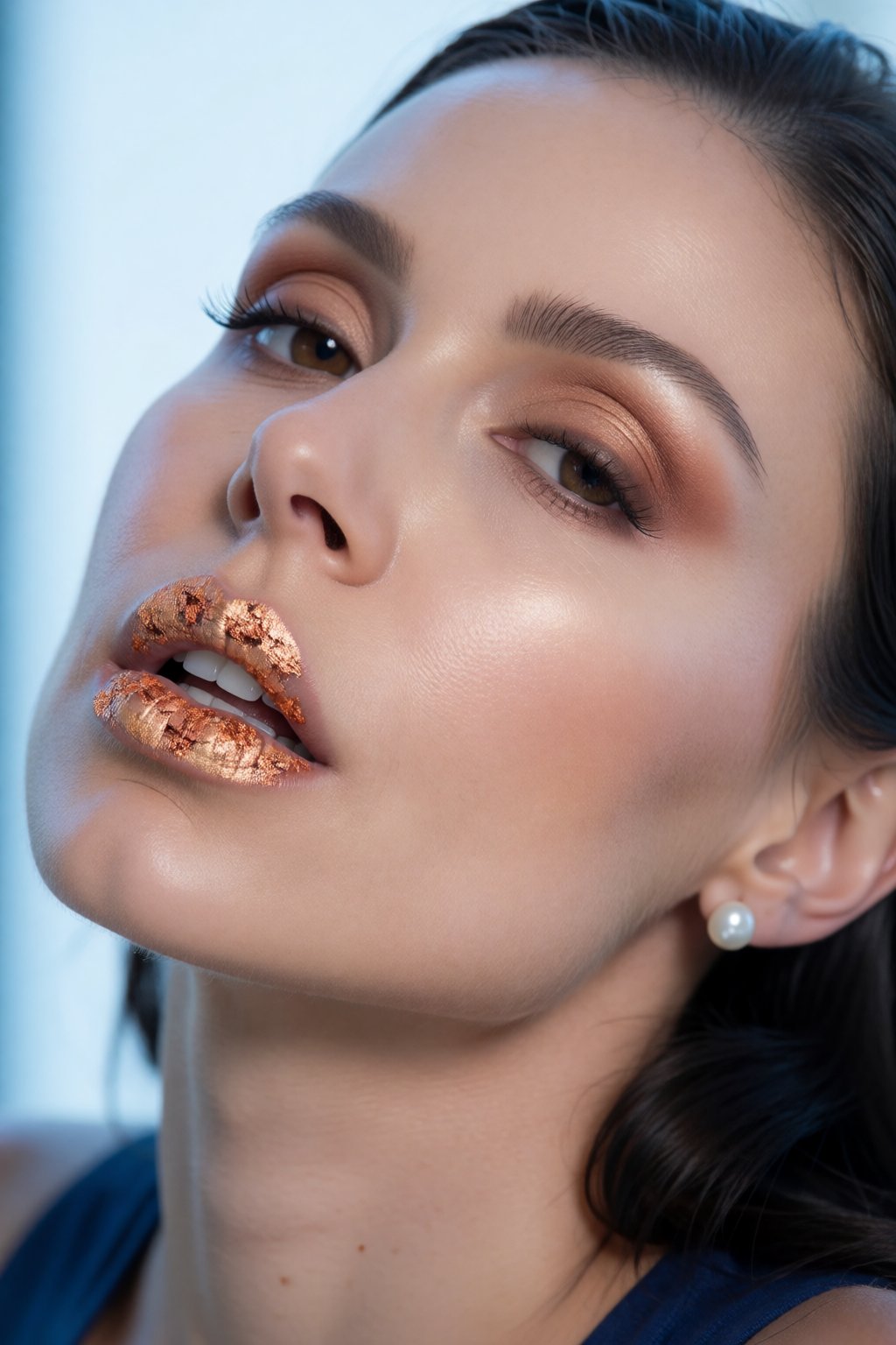 close-up beauty portrait woK3nst of a woman,  diagonal composition with head tilted back,  lips heavily coated in crushed...