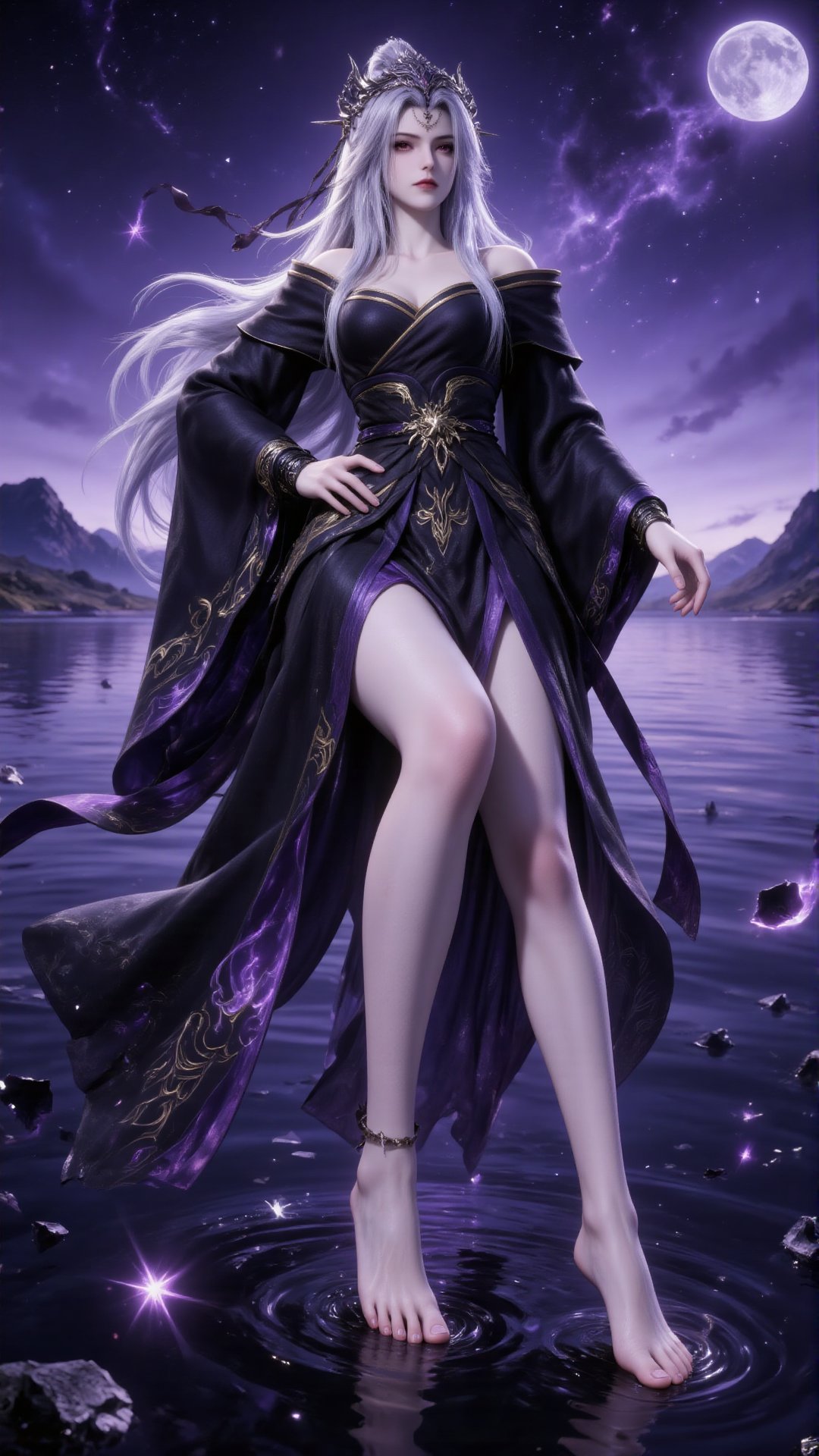Digital art of a white-haired,  pale-skinned female fantasy character standing in a moonlit,  starry night landscape. She...