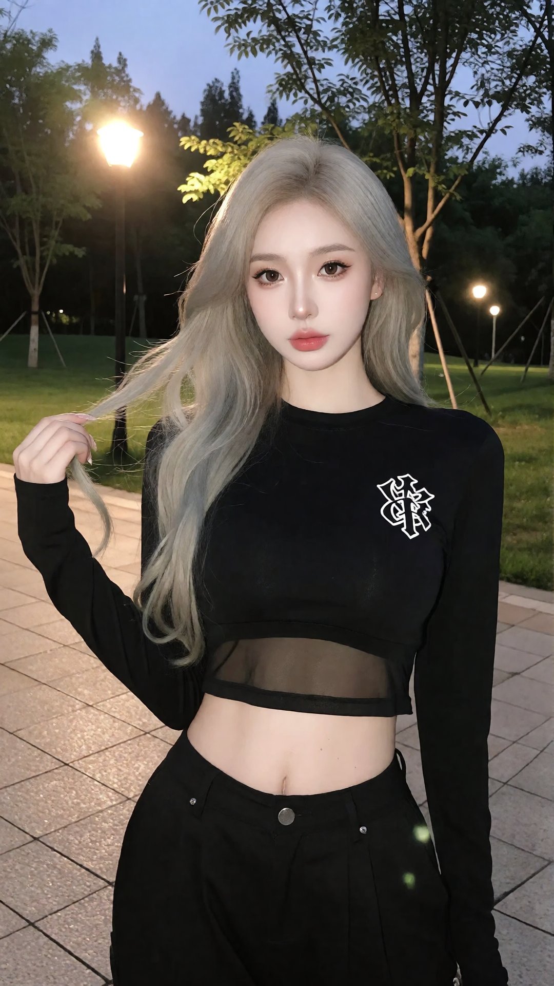 Photograph of a young Asian woman with fair skin and long,  wavy,  grayish-blonde hair. She is wearing a black by Dragon G...