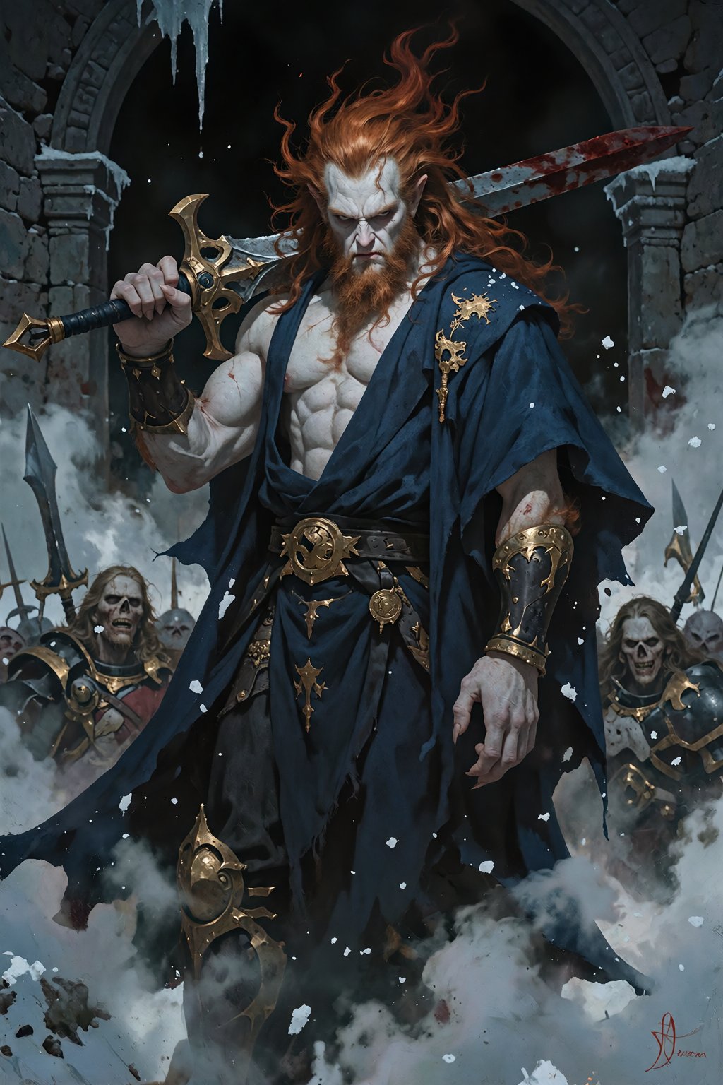 Towering over us is a dark fantasy human-like creature warlord villain,  the Winterlord,  facing us by RAY3780 on Tensor.Art