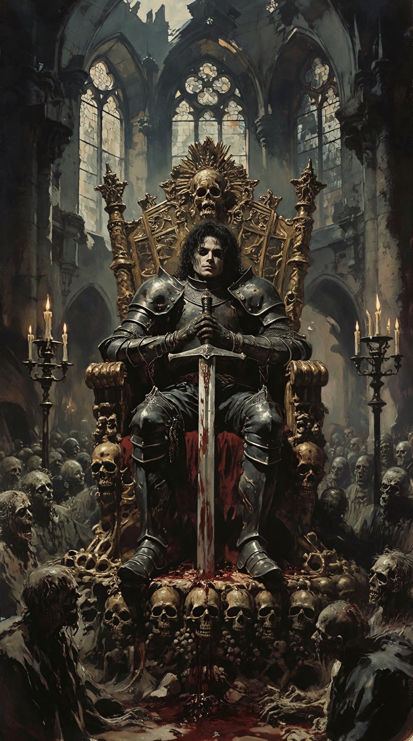 Dark fantasy art style painting,  dramatic wide shot,  heavy painterly textures and detailed oil brushstrokes. Michael Jac...