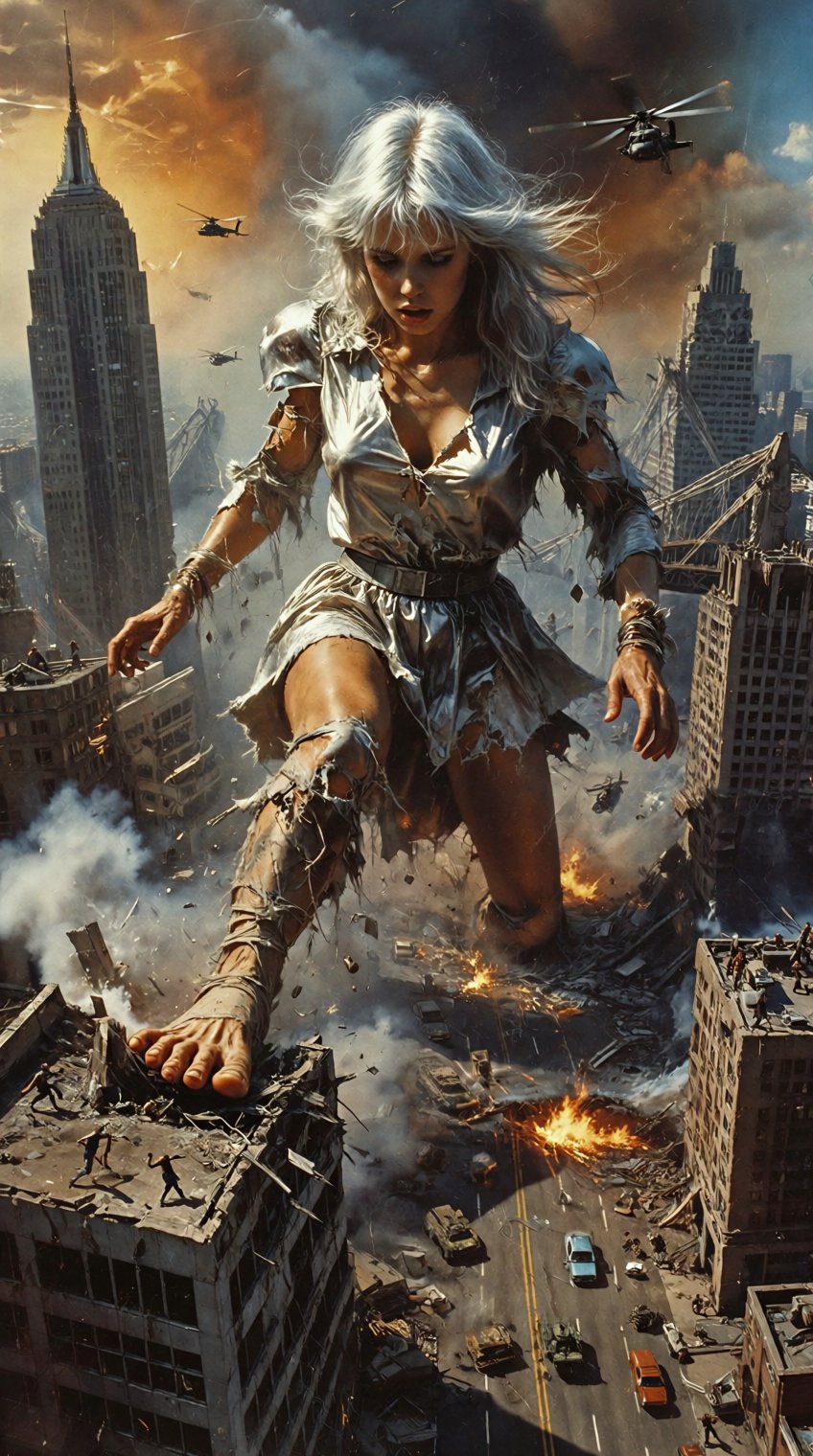 A raw and dramatic 1990s-style analog photograph captures a colossal silver-haired woman towering far above the city skyli...