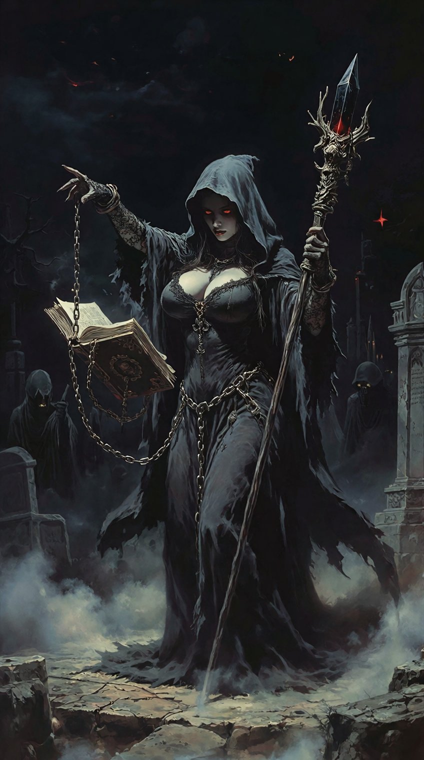 dark fantasy style,  a mage in gothic robe with tattered hem,  and lace gloves by patrik 🐈 on Tensor.Art