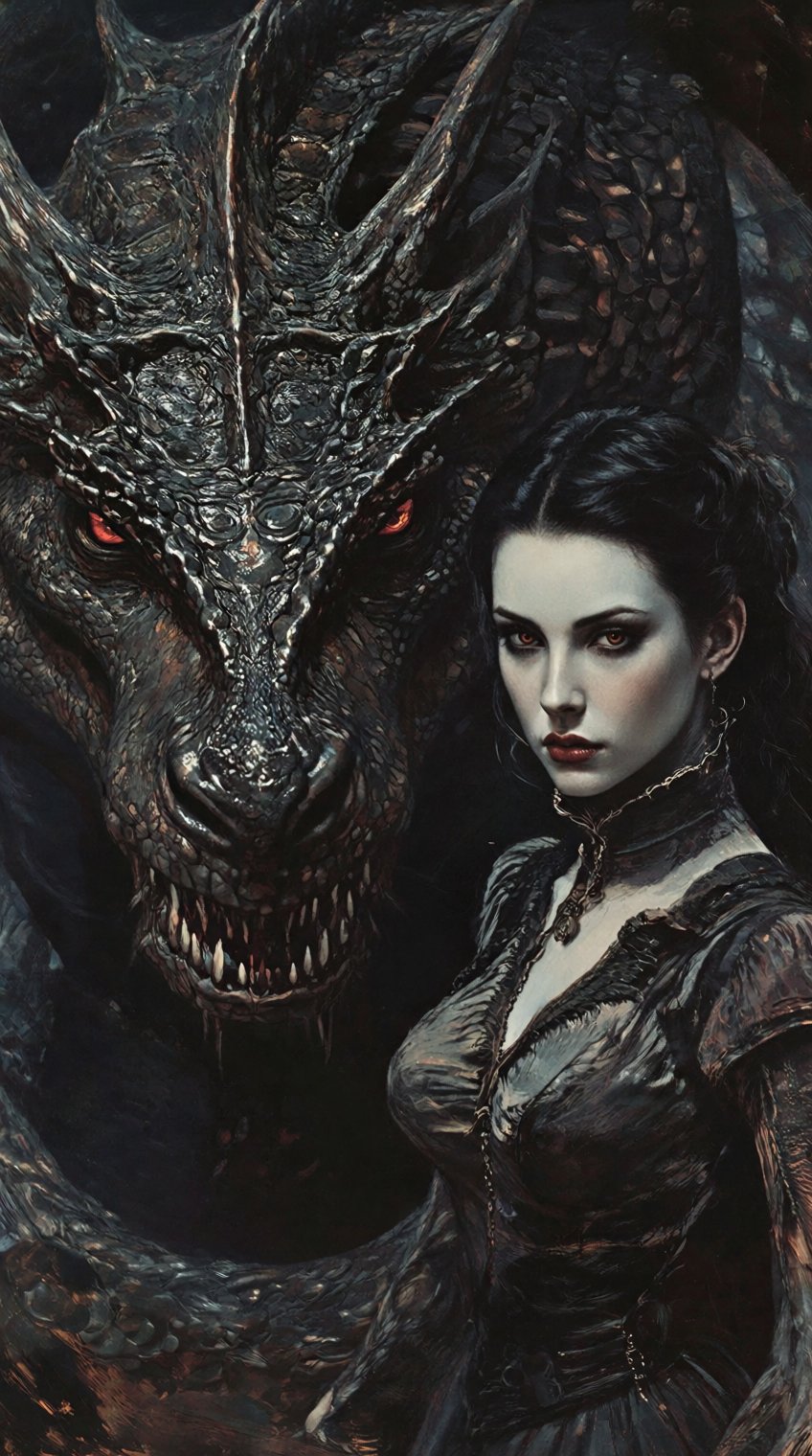 dark fantasy art style,  A close-up portrait painting of a pale woman with black hair and eyes standing next to a large da...