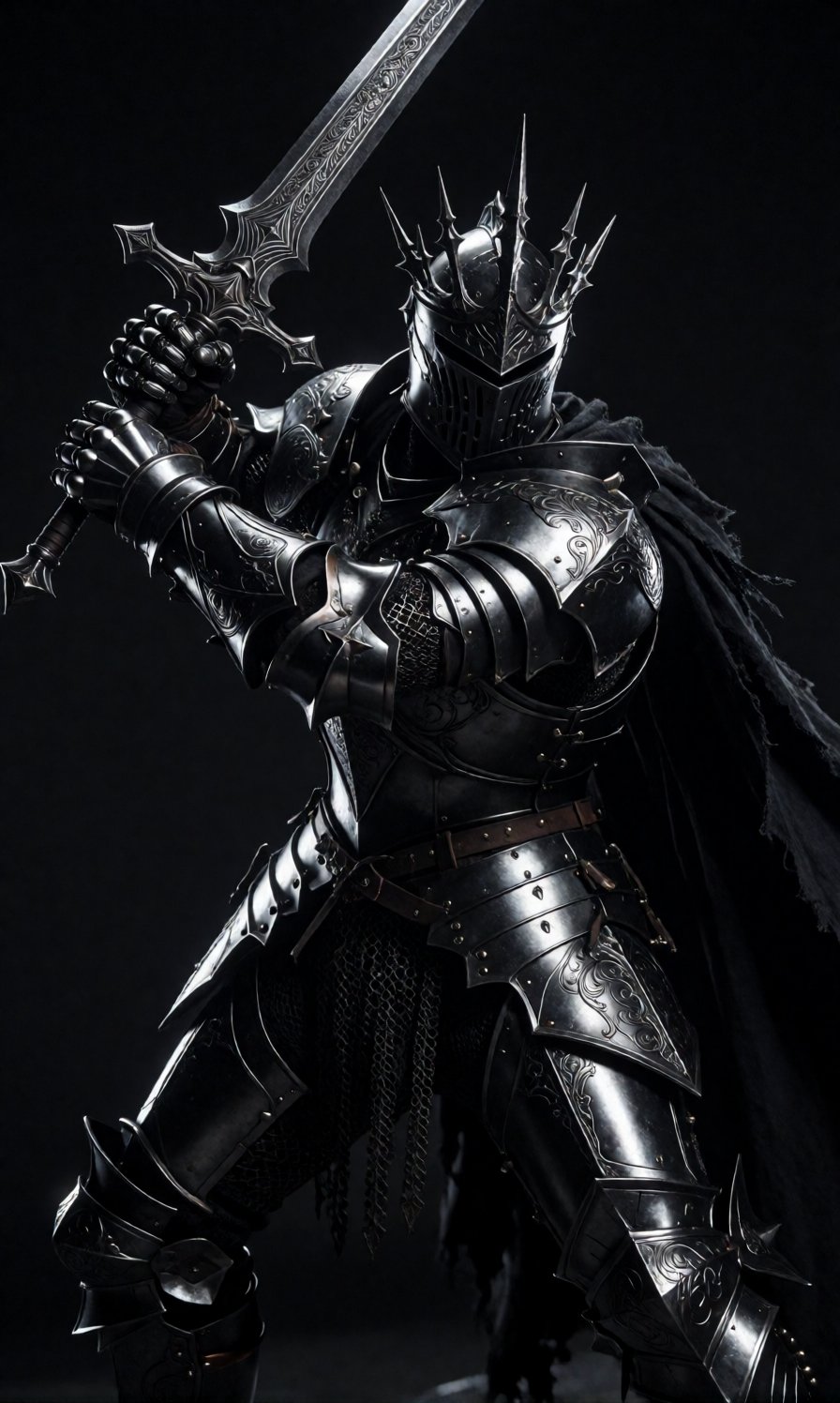 A formidable,  dark fantasy knight stands as the singular subject,  exuding a powerful and menacing presence in a medium s...