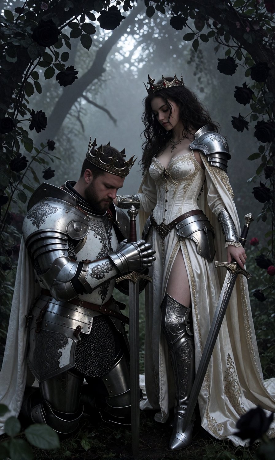 A regal young woman and a devoted knight serve as the dual subjects of this atmospheric fantasy scene,  captured in a medi...