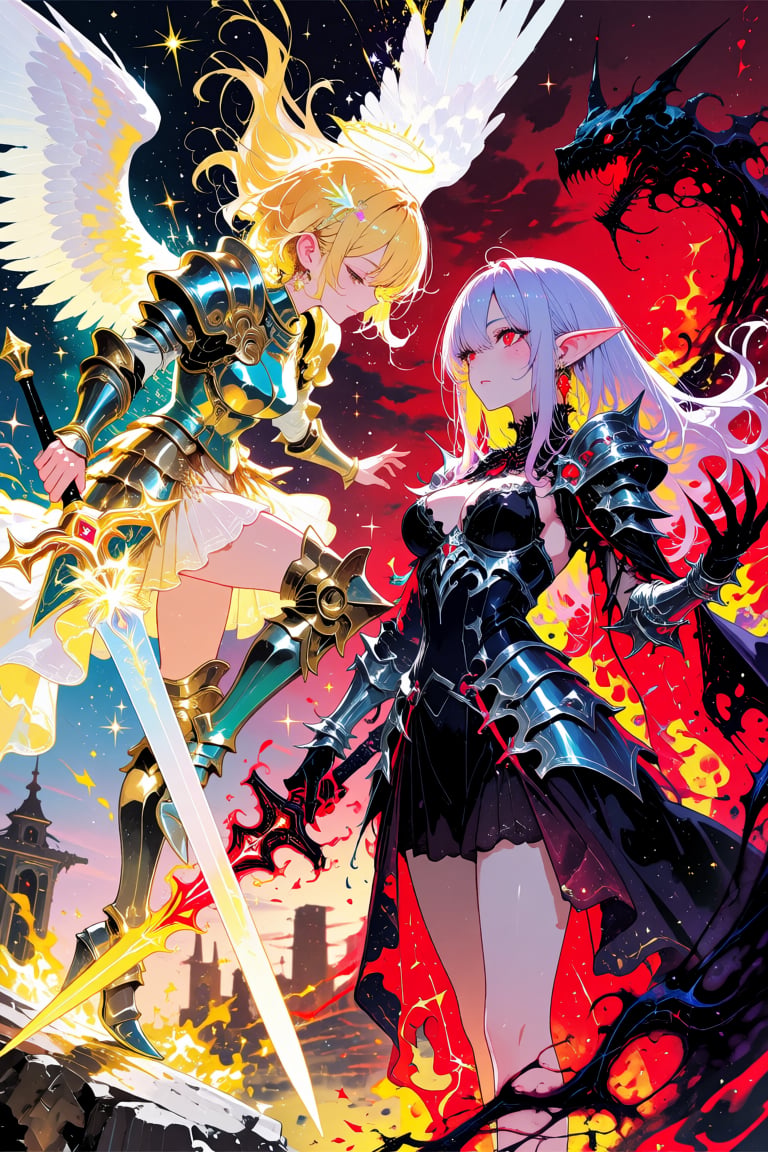 concept art,  two fantasy warriors,  golden-haired angelic knight by Izmys on Tensor.Art