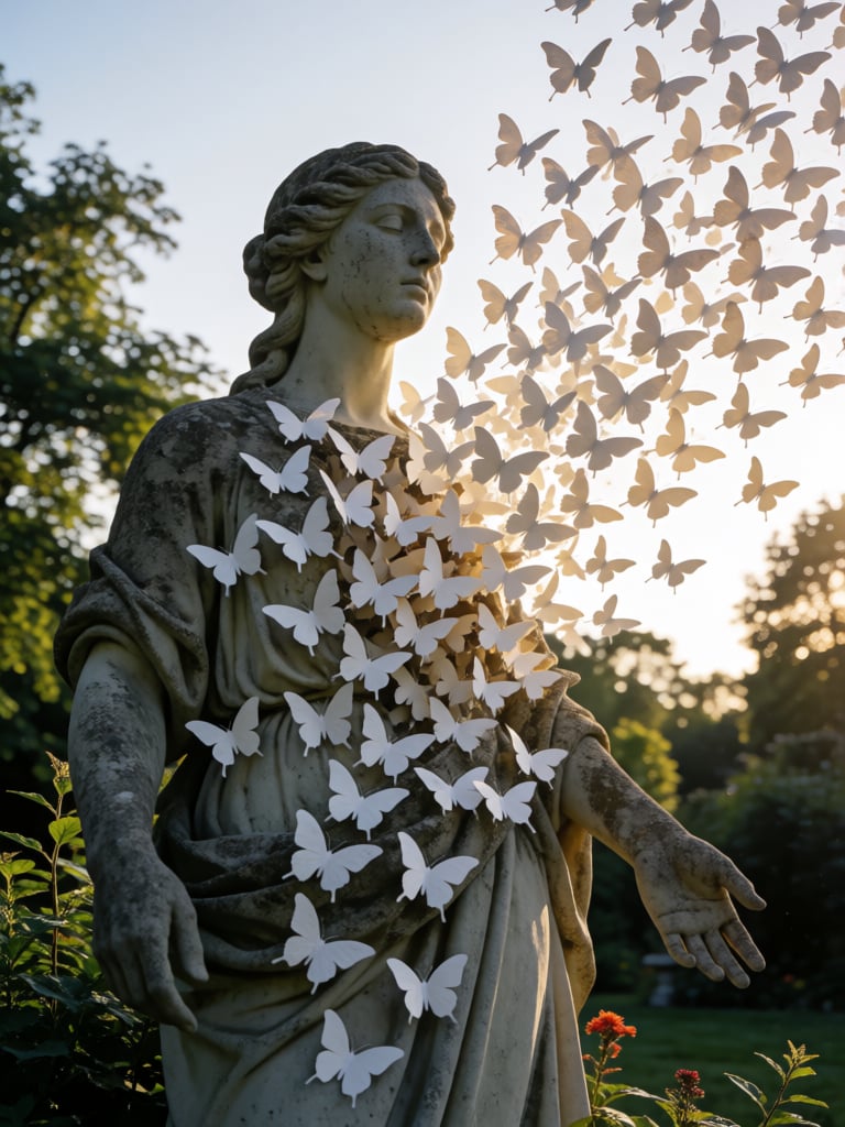 concept art photograph,  thousands of white paper butterflies erupting from the open chest of a stone garden statue,  thre...