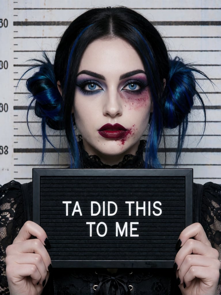 A highly realistic mugshot photo of a beautiful young goth woman with pale skin and striking blue eyes. she has a bruised...