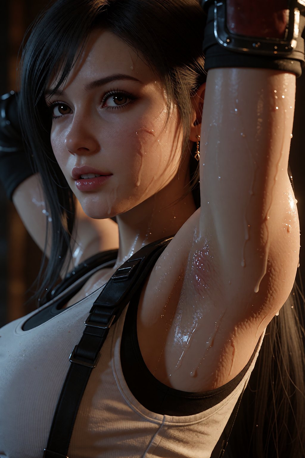 TifaLockhart,  she puts her hands behind her head,  her skin is glistening with oil by NukeA.I on Tensor.Art