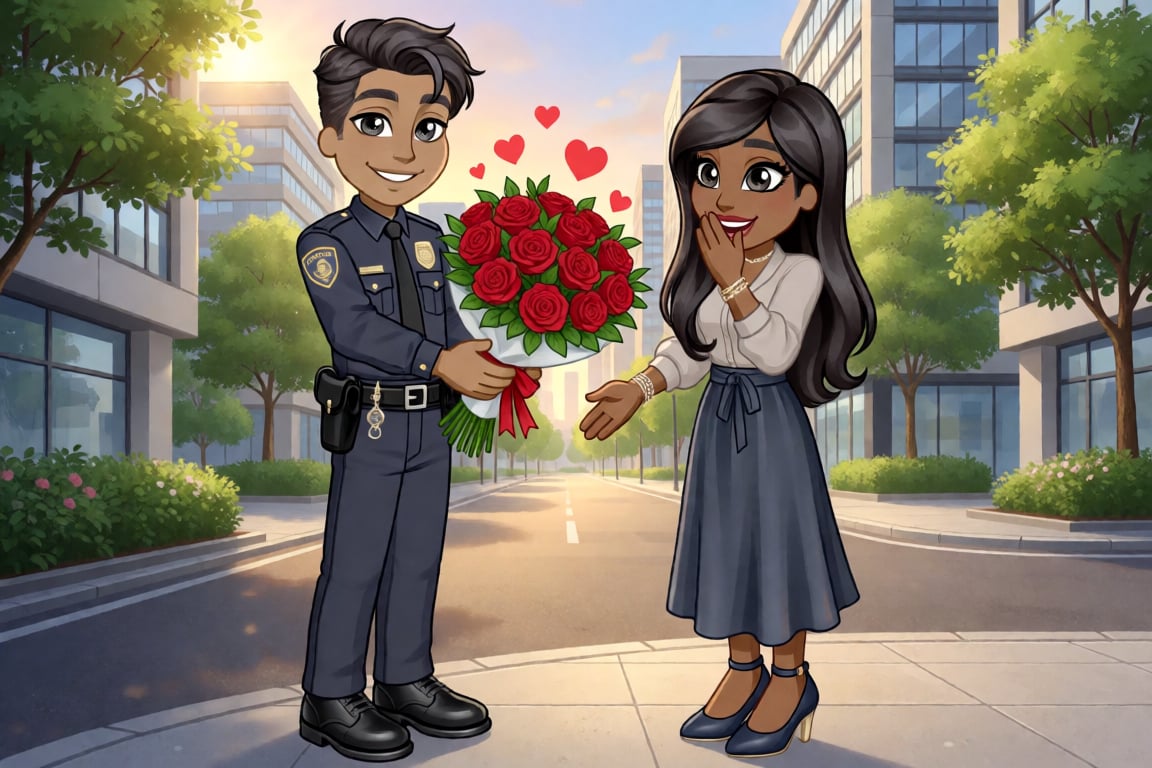 A polished scene in the authentic Woozworld avatar style featuring exactly two characters,  a young adult male police offi...