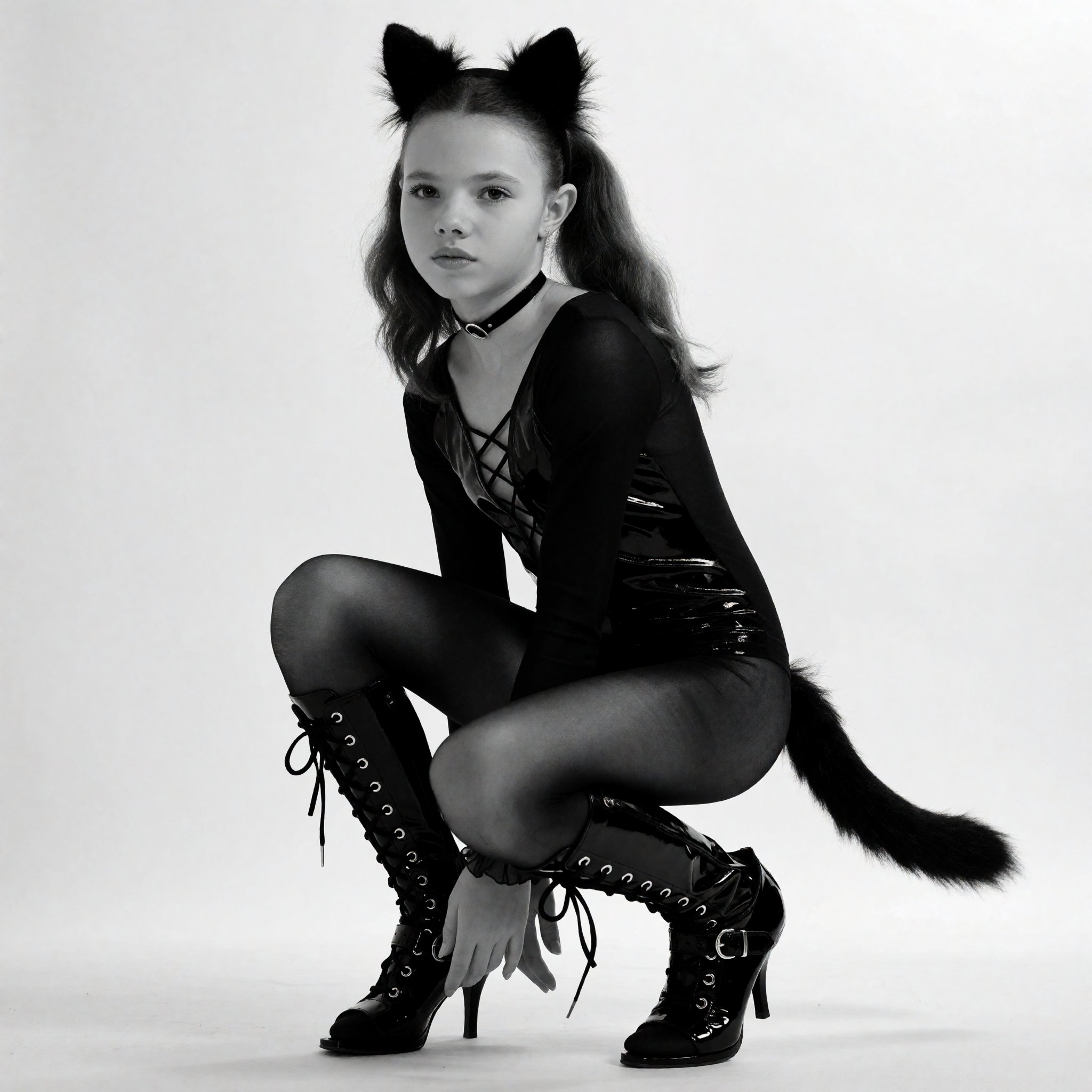 stark b&w photo of A young girl wearing a black,  form-fitting,  sleeveless bodysuit and high-heeled boots. She is crouche...